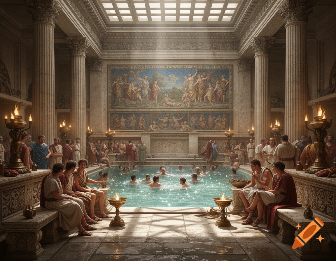 A grand ancient Roman bathhouse with a large pool, high ceilings, ornate pillars, and many citizens bathing and socializing in a photorealistic style.