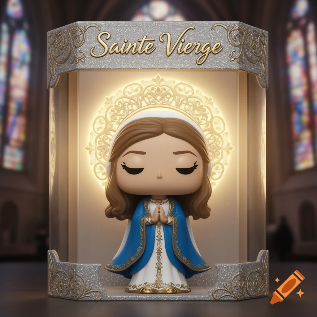 A Funko Pop figurine of the Virgin Mary in a display box with a halo, set inside a church.