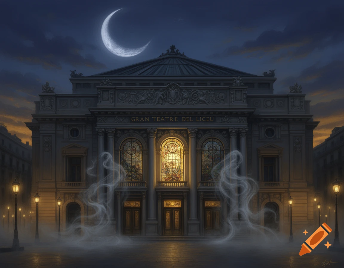 A grand, classical theater building, Gran Teatre del Liceu, at night under a crescent moon, with glowing windows and ghostly mist.