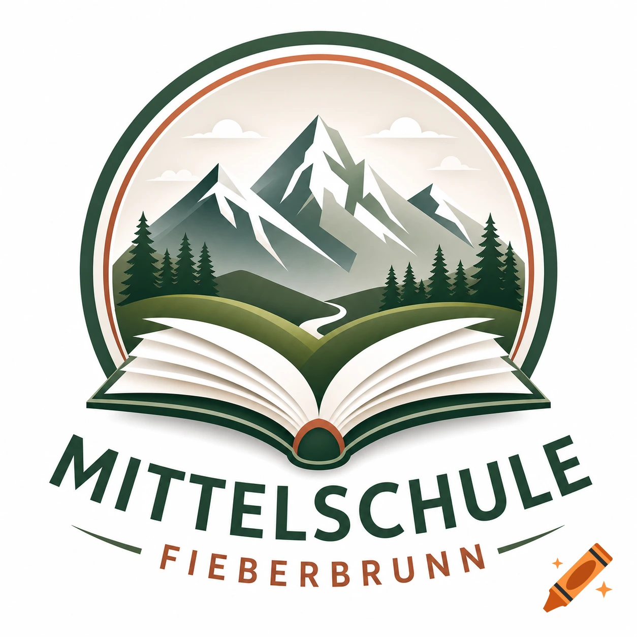 Logo with a circular emblem showing snow-capped mountains, pine trees, and a winding path over an open book, with 'MITTELSCHULE FIEBERBRUNN' text below.