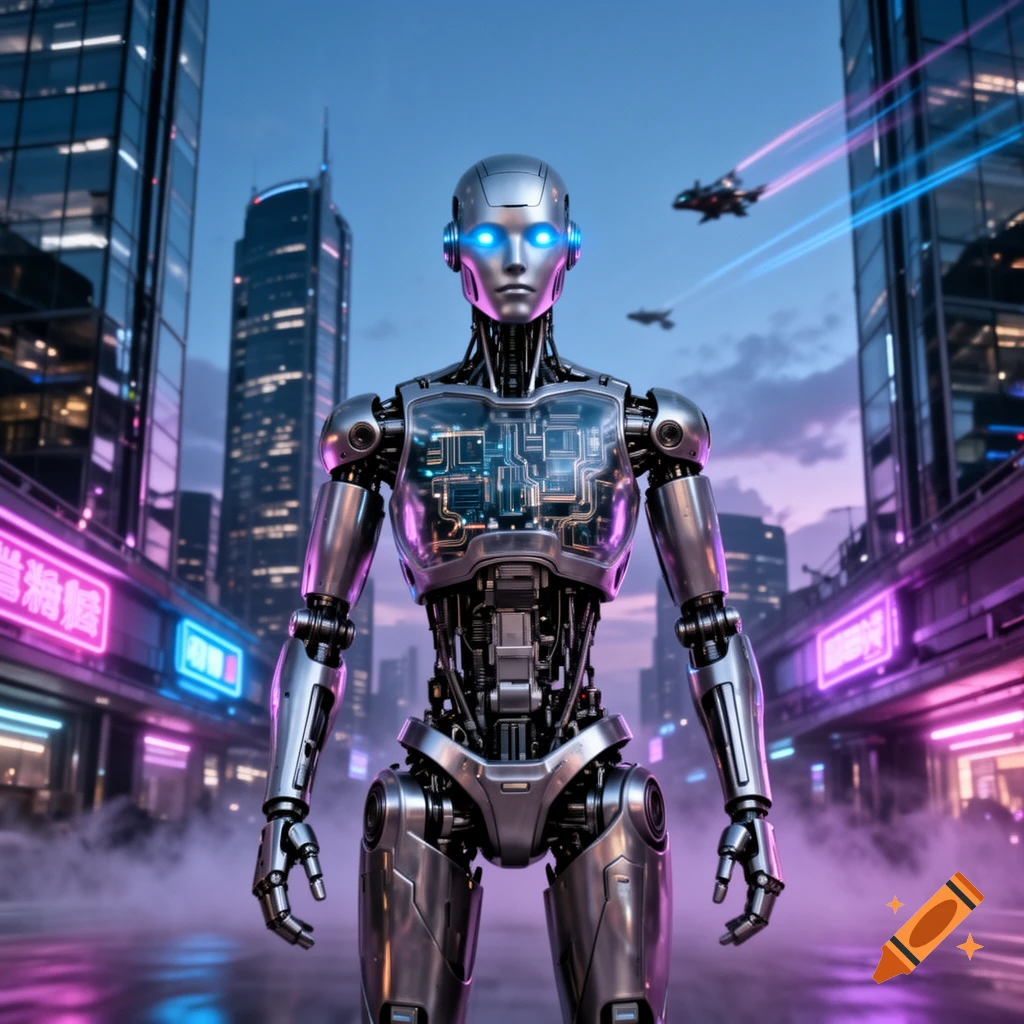 Photorealistic silver robot with glowing blue eyes stands in a futuristic city with neon lights and flying vehicles at dusk.