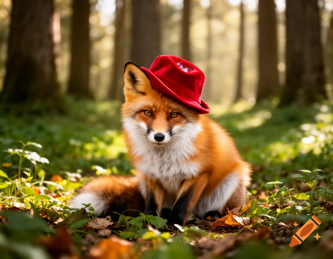 A photorealistic fox wearing a red hat sits in a sunlit forest.