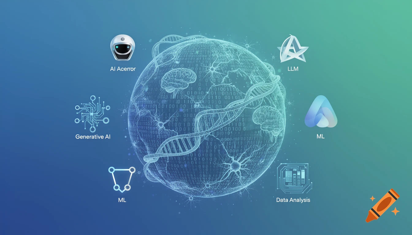 Conceptual AI globe with binary code, DNA, and neurons, surrounded by icons for LLM, ML, Generative AI, and Data Analysis.