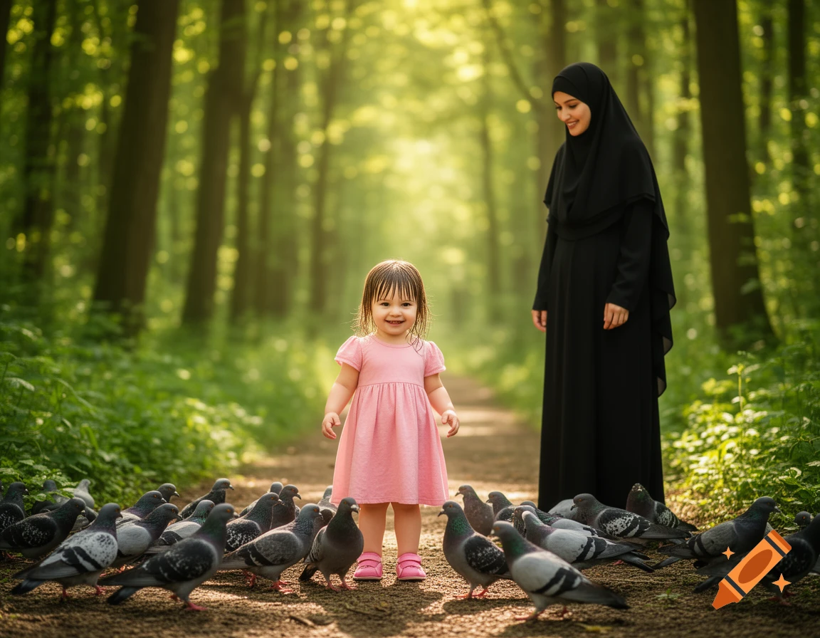 A young girl in a pink dress smiles while feeding pigeons on a forest path, with a woman in a black hijab watching.
