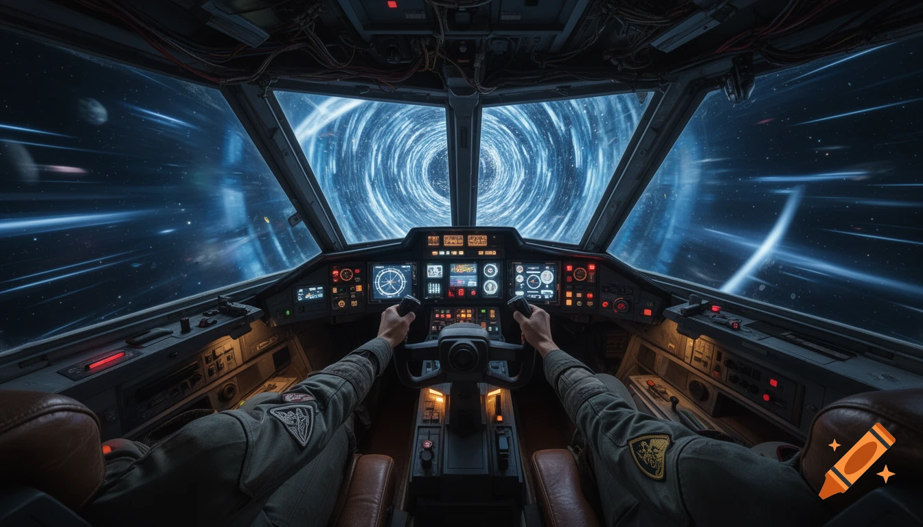 POV from a futuristic spaceship cockpit, hands on controls, flying through a swirling blue wormhole in deep space.