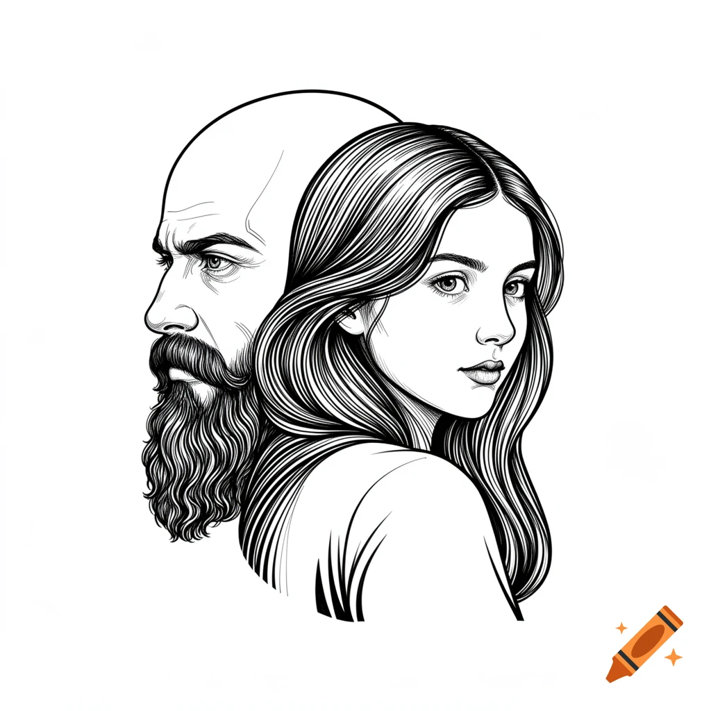 Black-and-white line art optical illusion showing a bald, bearded man facing left and a young woman looking back.