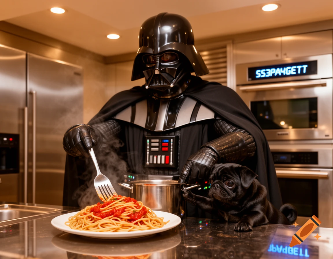 Darth Vader stirring a pot of spaghetti on a stove, with a black pug peering over the counter in a modern kitchen, photorealistic.