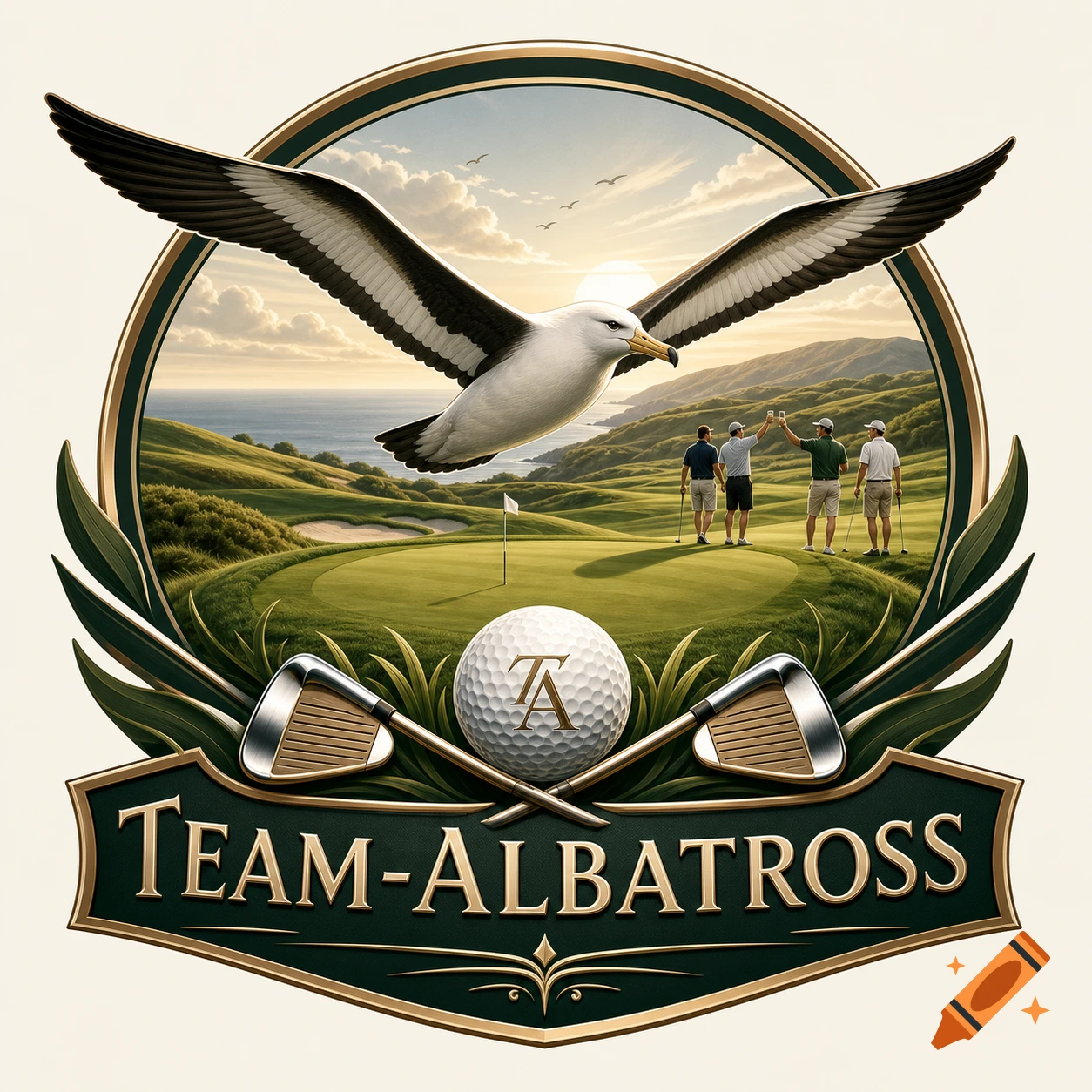 An illustrated golf logo featuring an albatross flying over a coastal golf course with golfers, crossed clubs, a golf ball, and the text "TEAM-ALBATROSS" on a banner.