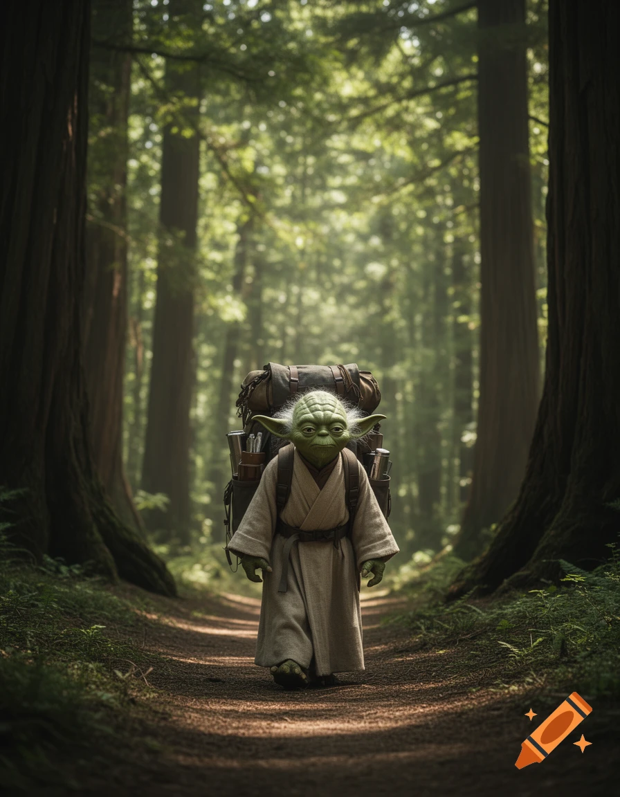 Yoda, wearing a large backpack, walks down a sun-dappled forest path surrounded by tall trees in a photorealistic style.