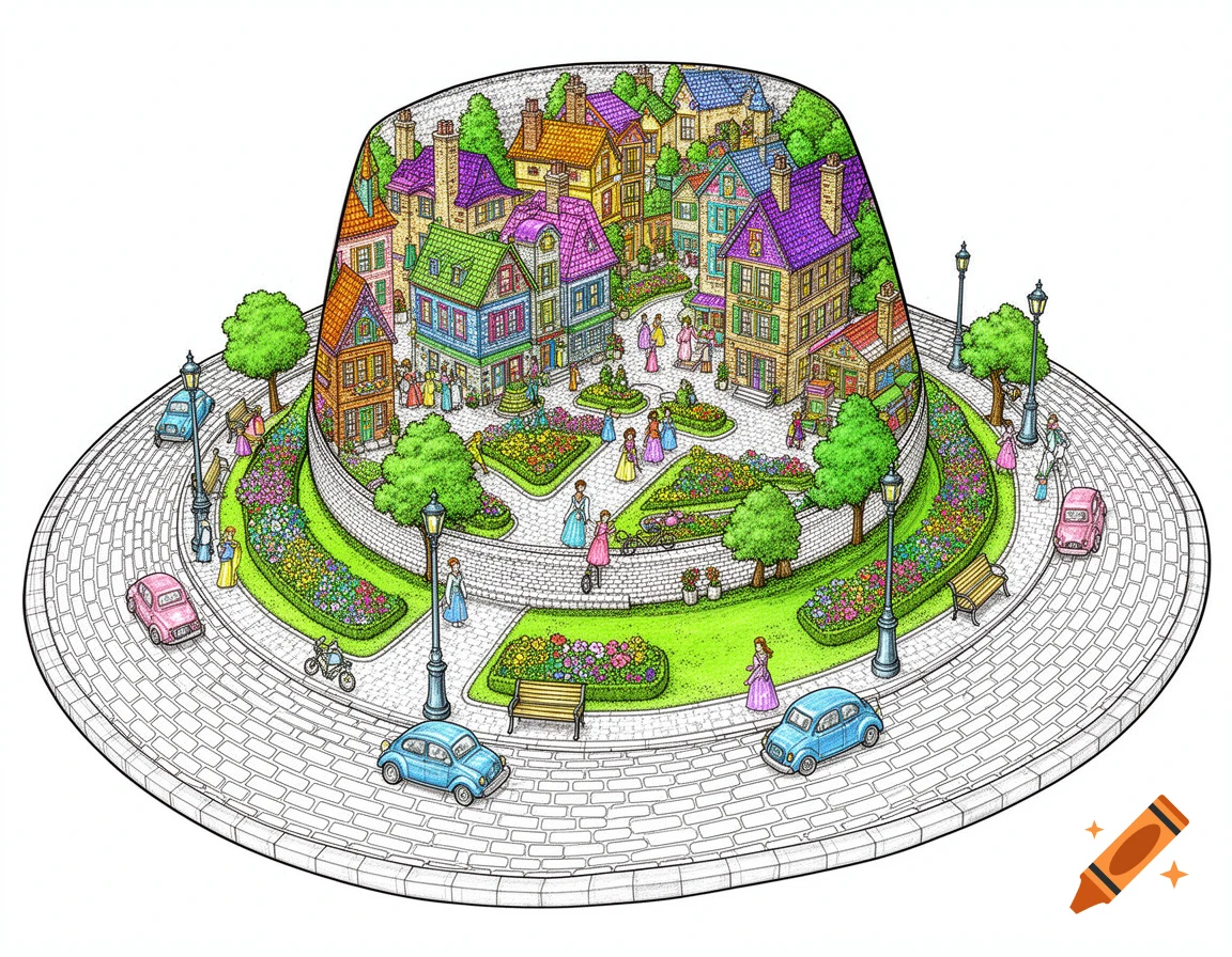 Detailed illustration of a whimsical town on a giant hat with colorful houses, cobblestone streets, parks, tiny people, and cars.
