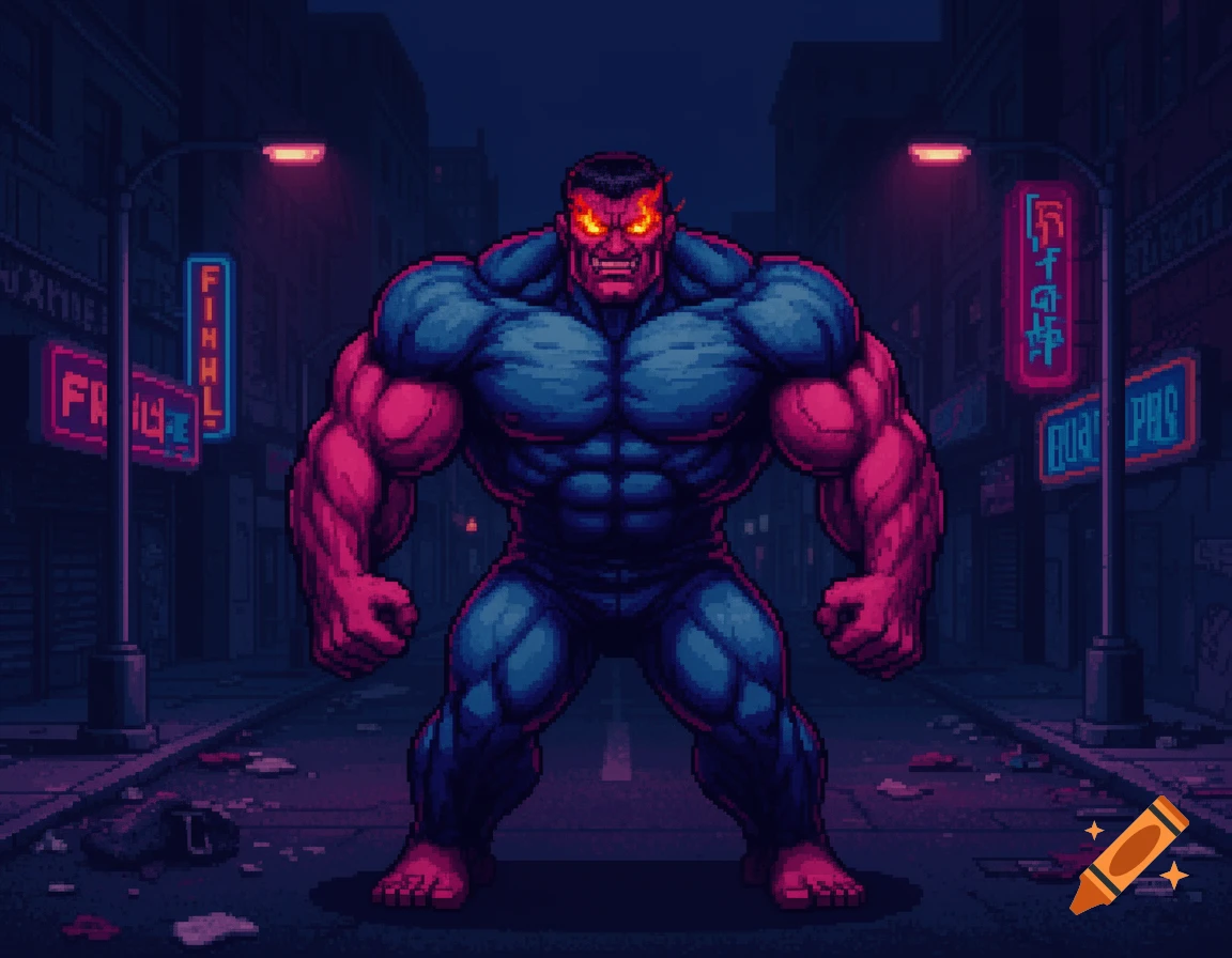 Retro pixel art of a massive, muscular red and blue boss character with glowing eyes, standing in a dark city street at night.