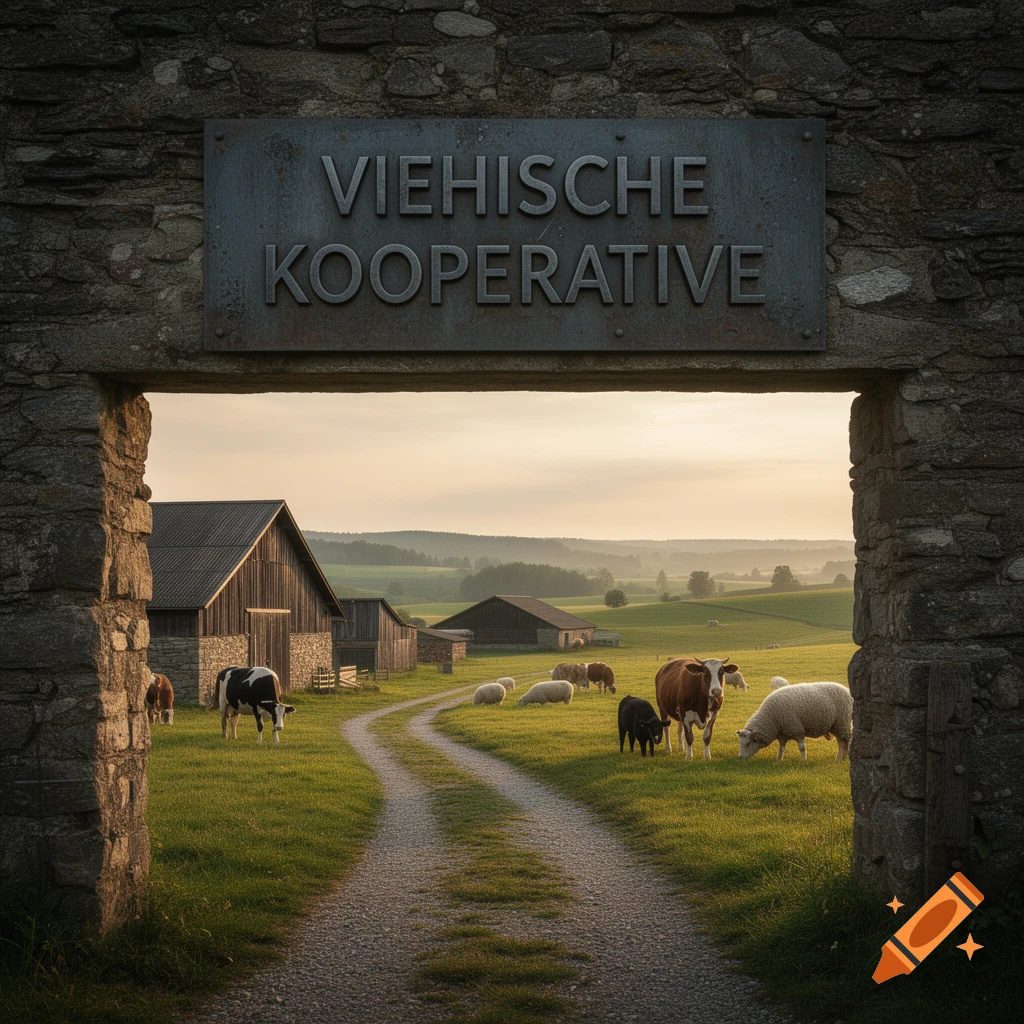 A photorealistic image of a farm entrance at sunrise, with a sign reading "VIEHISCHE KOOPERATIVE" above a stone arch. A dirt road leads through green pastures with cows and sheep grazing, with barns in the background.