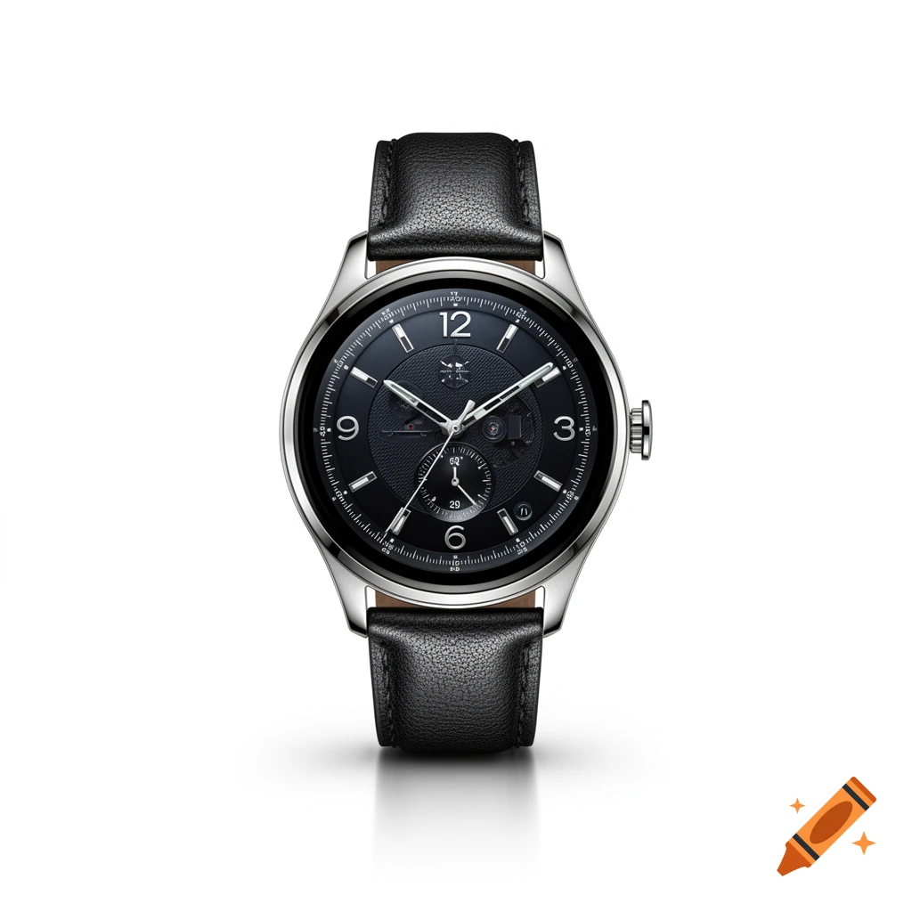 A sleek silver smartwatch with a black leather strap and black dial on a white background, captured with studio lighting.
