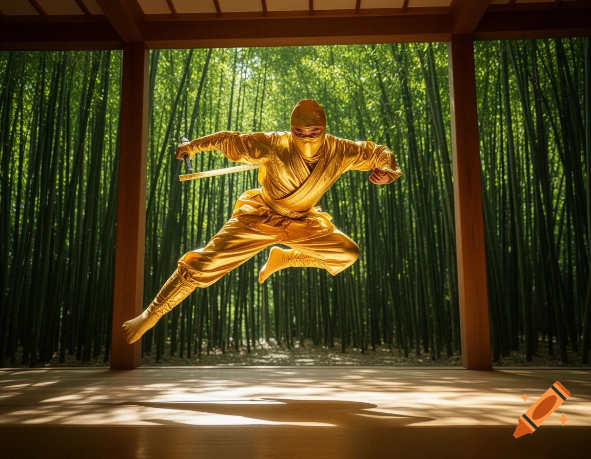 A golden ninja in mid-air with a sword, leaping inside a dojo with a bamboo forest view.