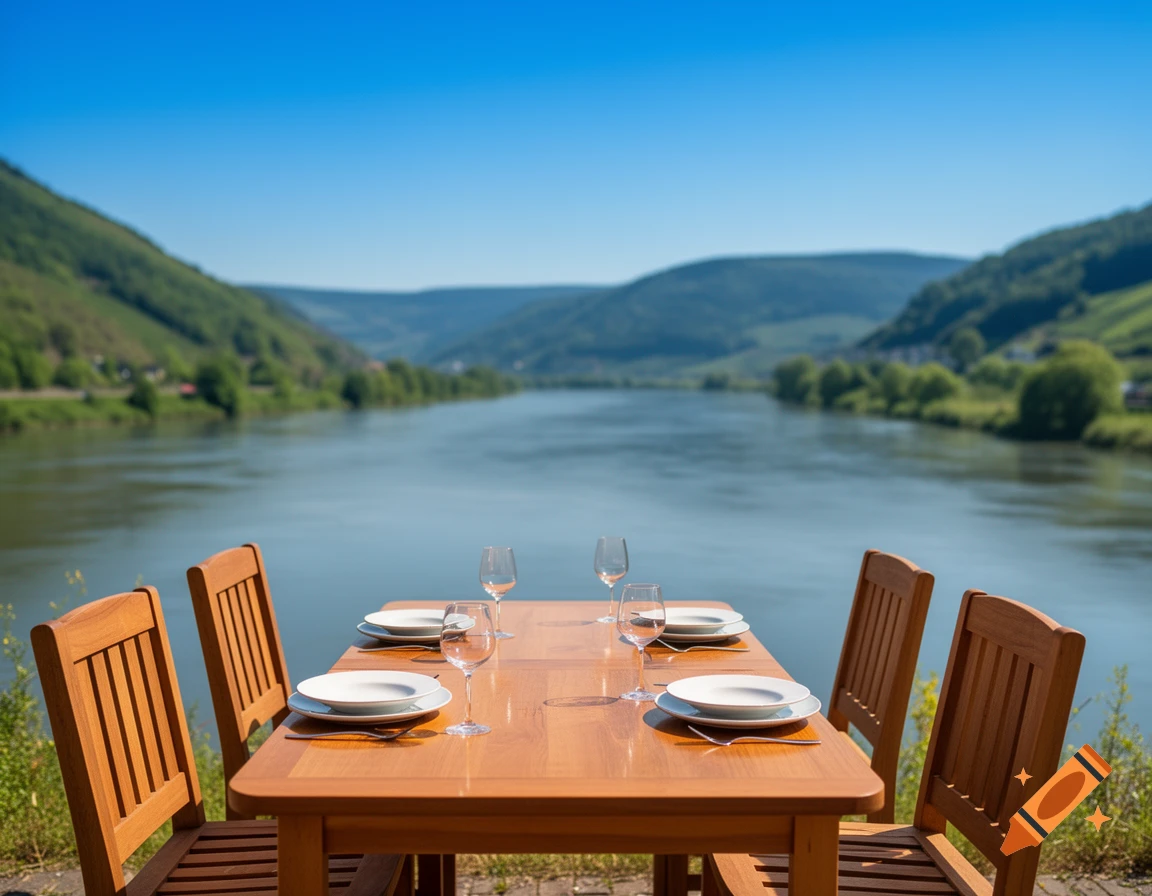 A wooden table set with plates and glasses and four chairs overlooks a wide river and green hills under a clear blue sky.