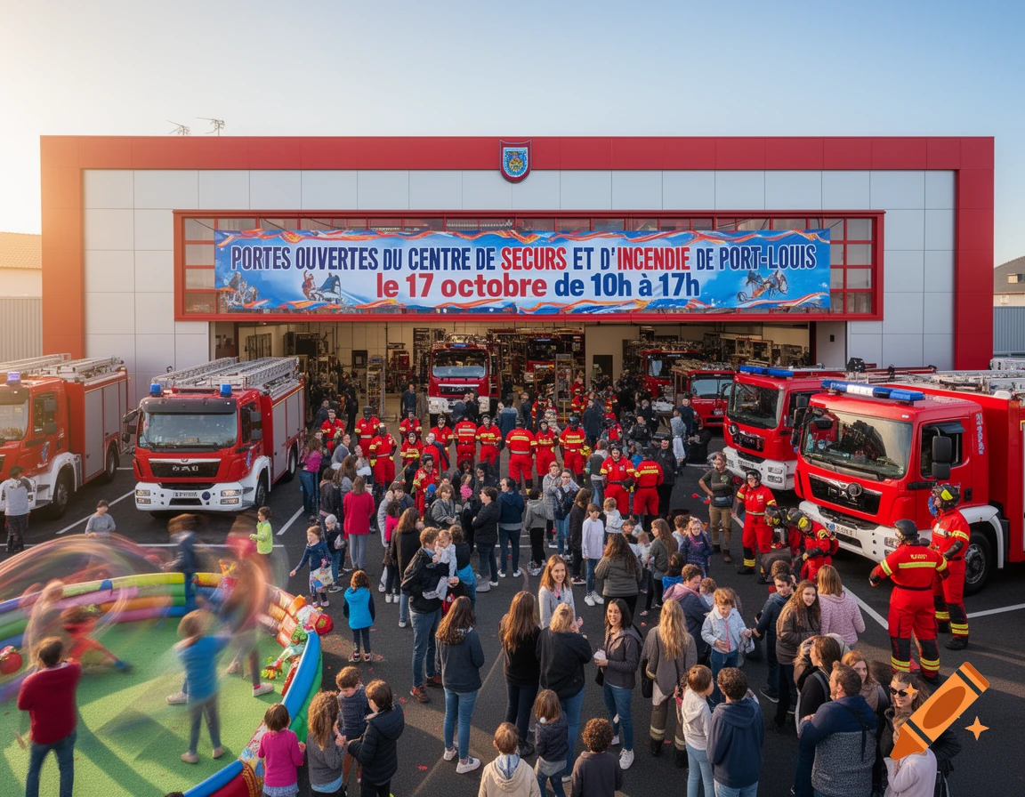 An aerial photo of an open house at a fire station, with red fire trucks, firefighters, and a large crowd of people, including many children. A banner advertises the event.