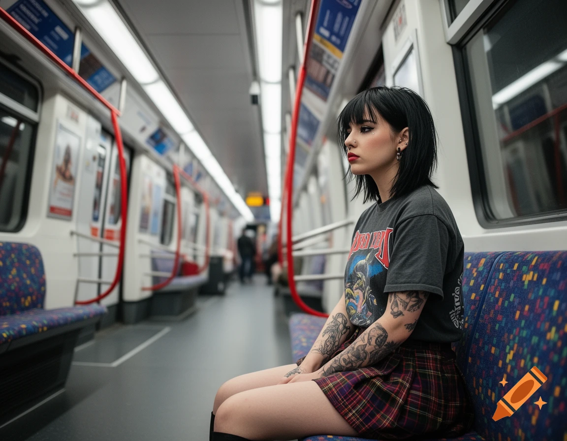 An alternative woman with short black hair and tattoos sits on a patterned seat in an empty London Underground train car, looking to the side.