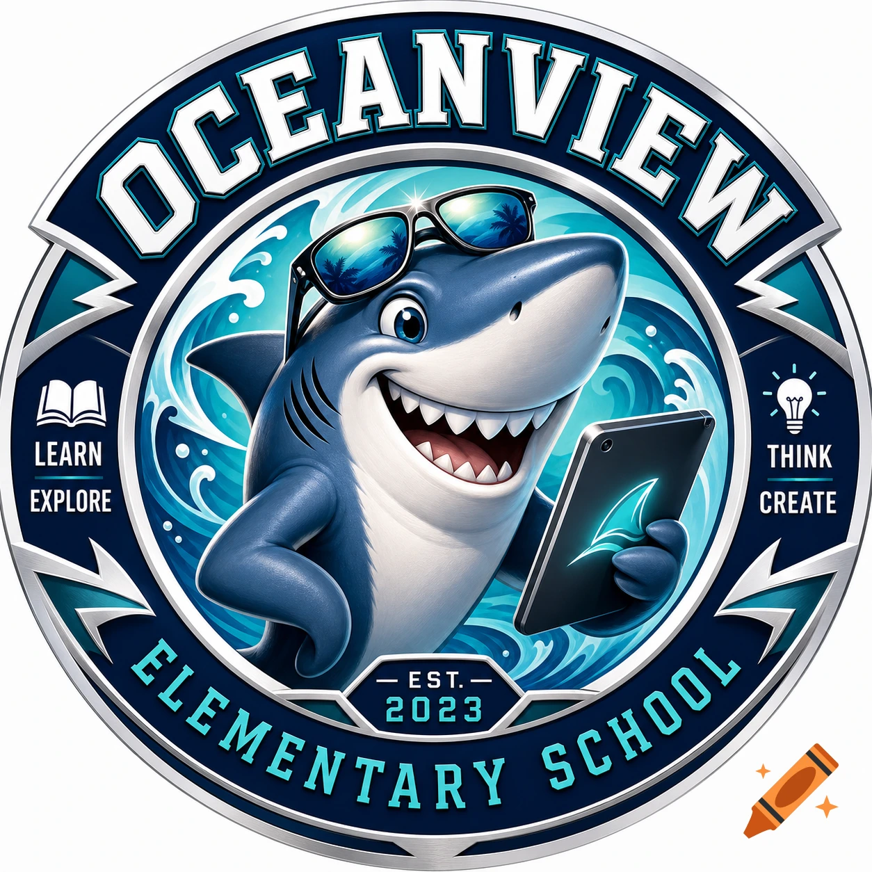 Cartoon school logo featuring a smiling shark in sunglasses holding a tablet, with 'OCEANVIEW ELEMENTARY SCHOOL' text.