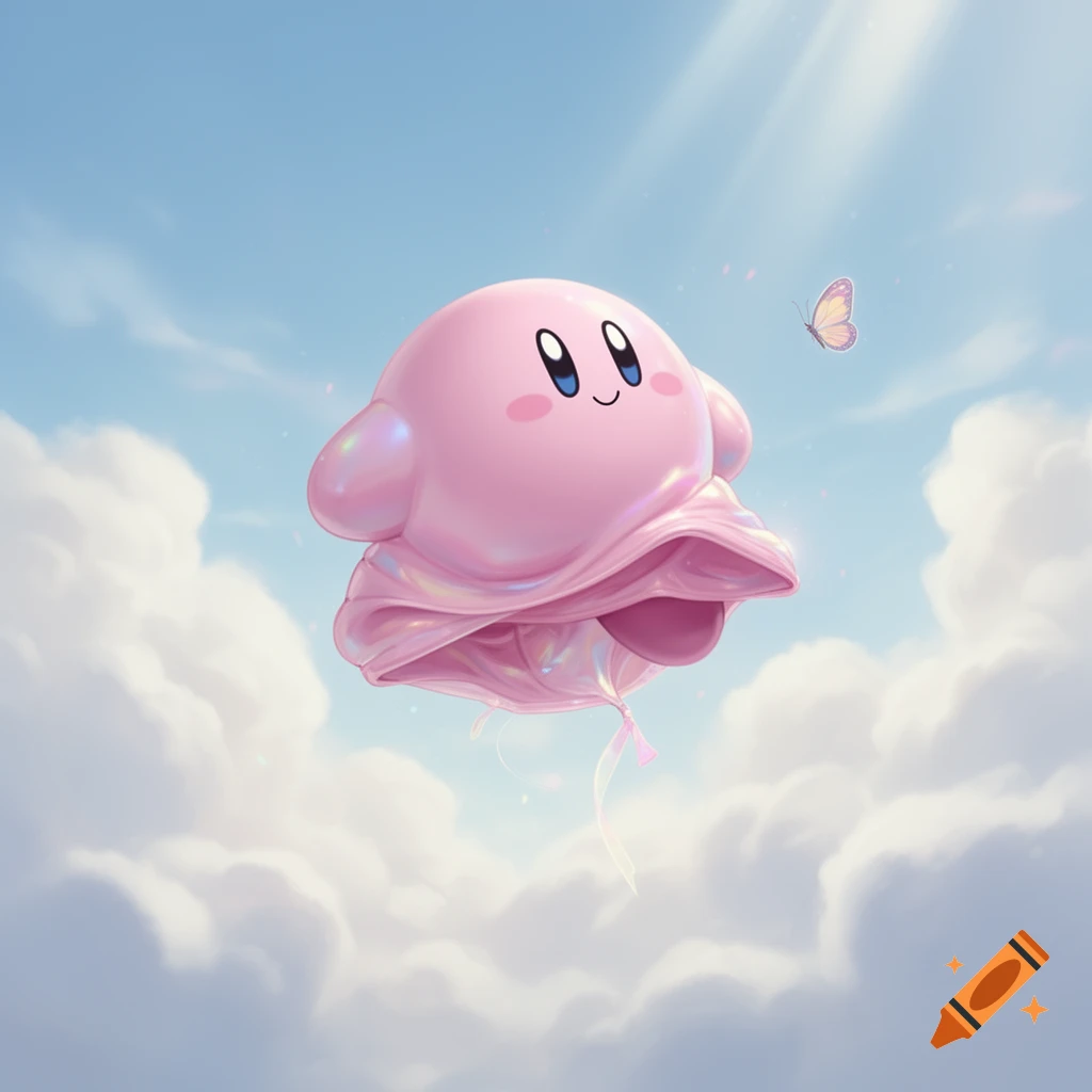 A shiny pink Kirby character, like a deflating balloon, floats in a bright blue sky surrounded by fluffy clouds, with a small butterfly nearby.