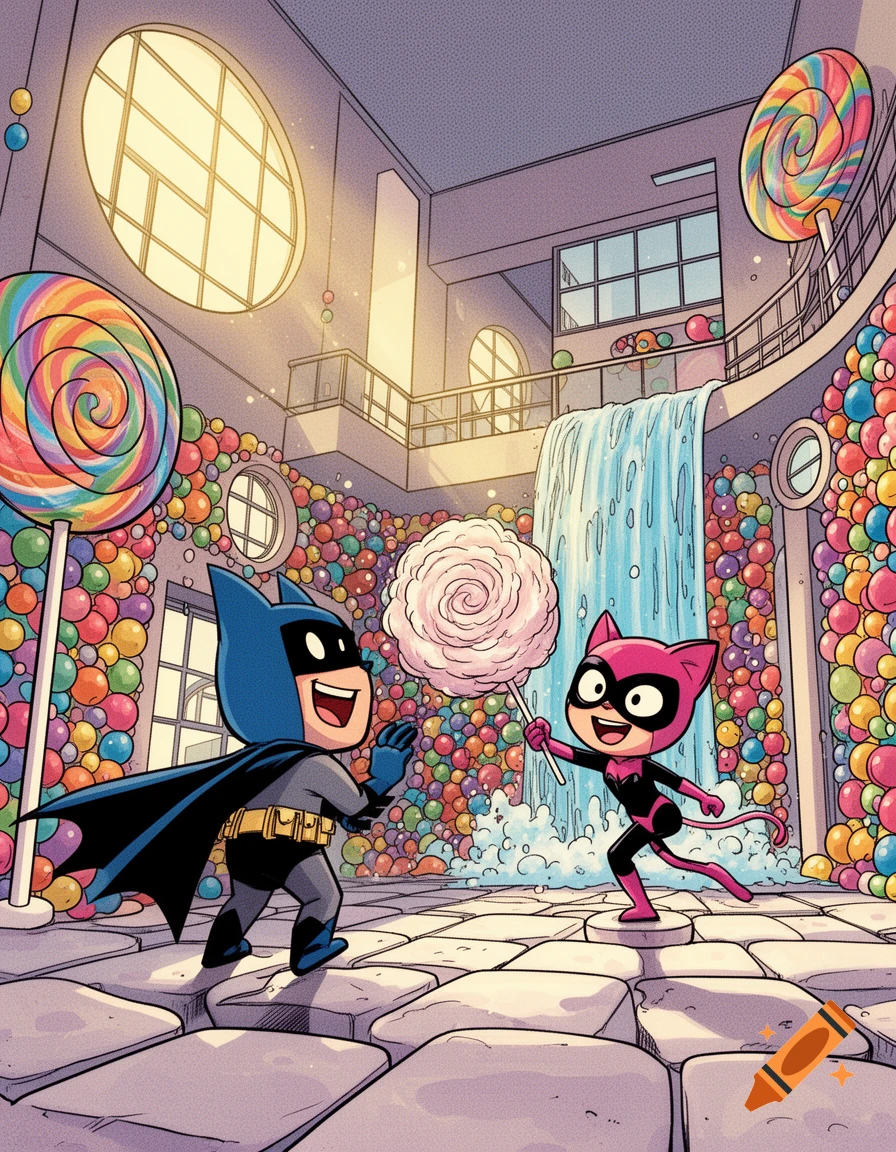 Chibi Batman and Catwoman play happily in a bright, candy-filled room with lollipops and a gumball waterfall, comic art style.