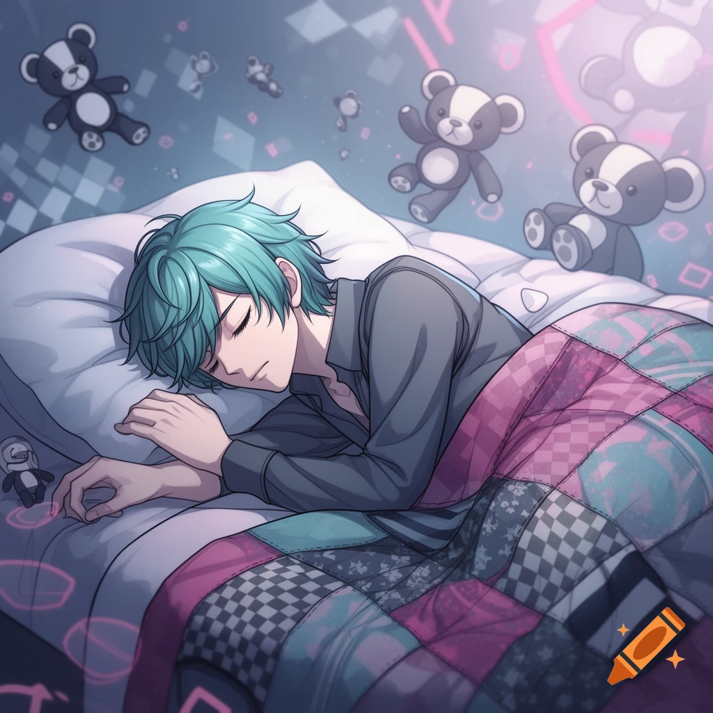 An anime boy with turquoise hair sleeps peacefully in bed, surrounded by floating teddy bears and glowing abstract patterns.