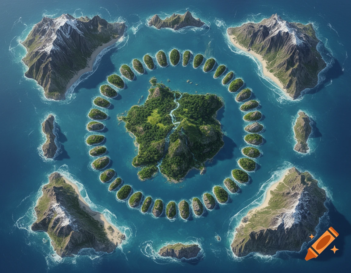 Aerial view of a central green island surrounded by concentric rings of smaller islands and four large snowy mountainous islands in a blue ocean.
