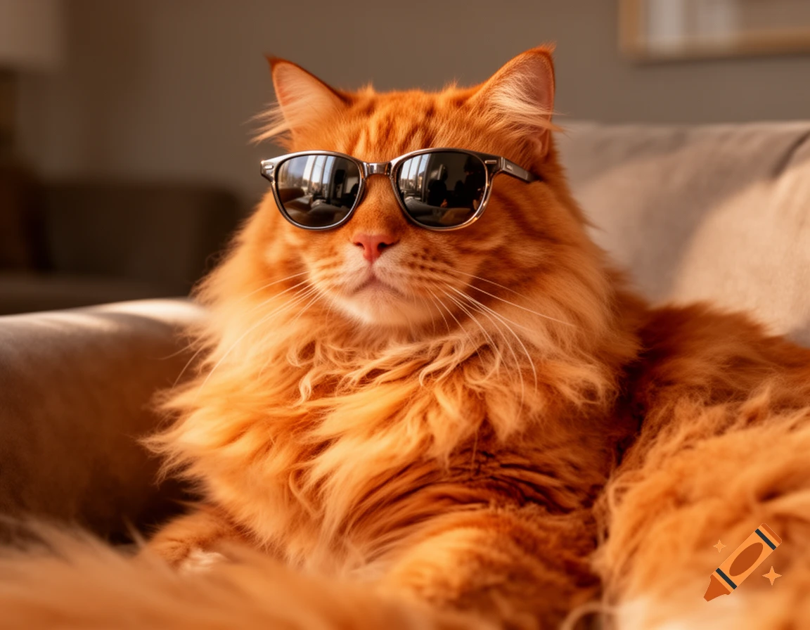 An orange fluffy cat with long fur wears reflective sunglasses while lounging on a couch, lit by cinematic light.