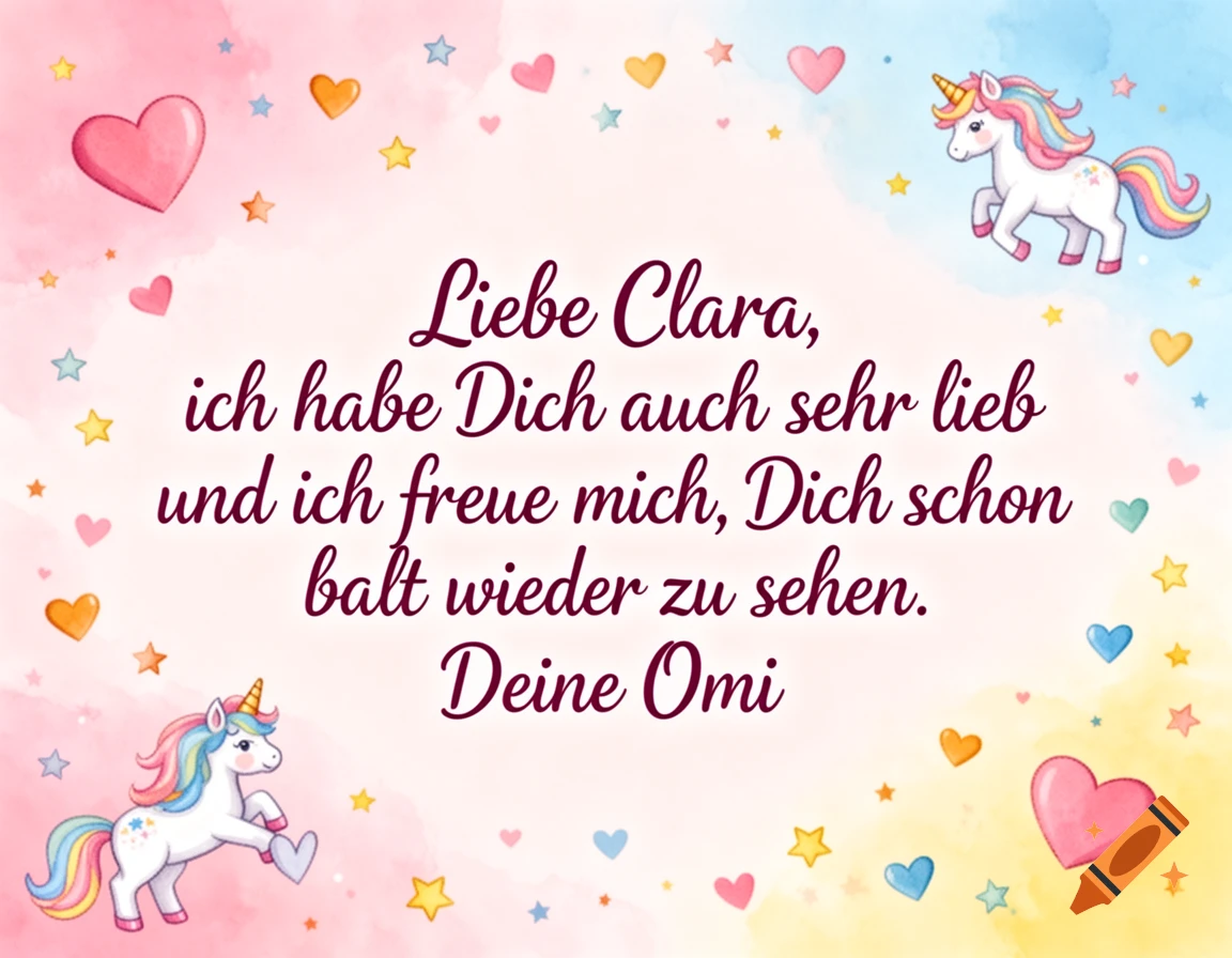 Pastel greeting card with two unicorns, hearts, and stars surrounding a loving German message from 'Omi' to Clara.