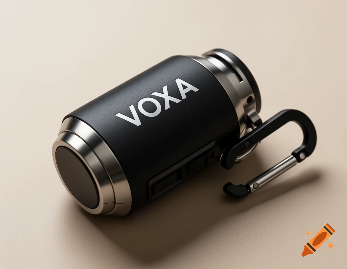 A black portable speaker with 'VOXA' logo and a silver carabiner clip on a beige surface.