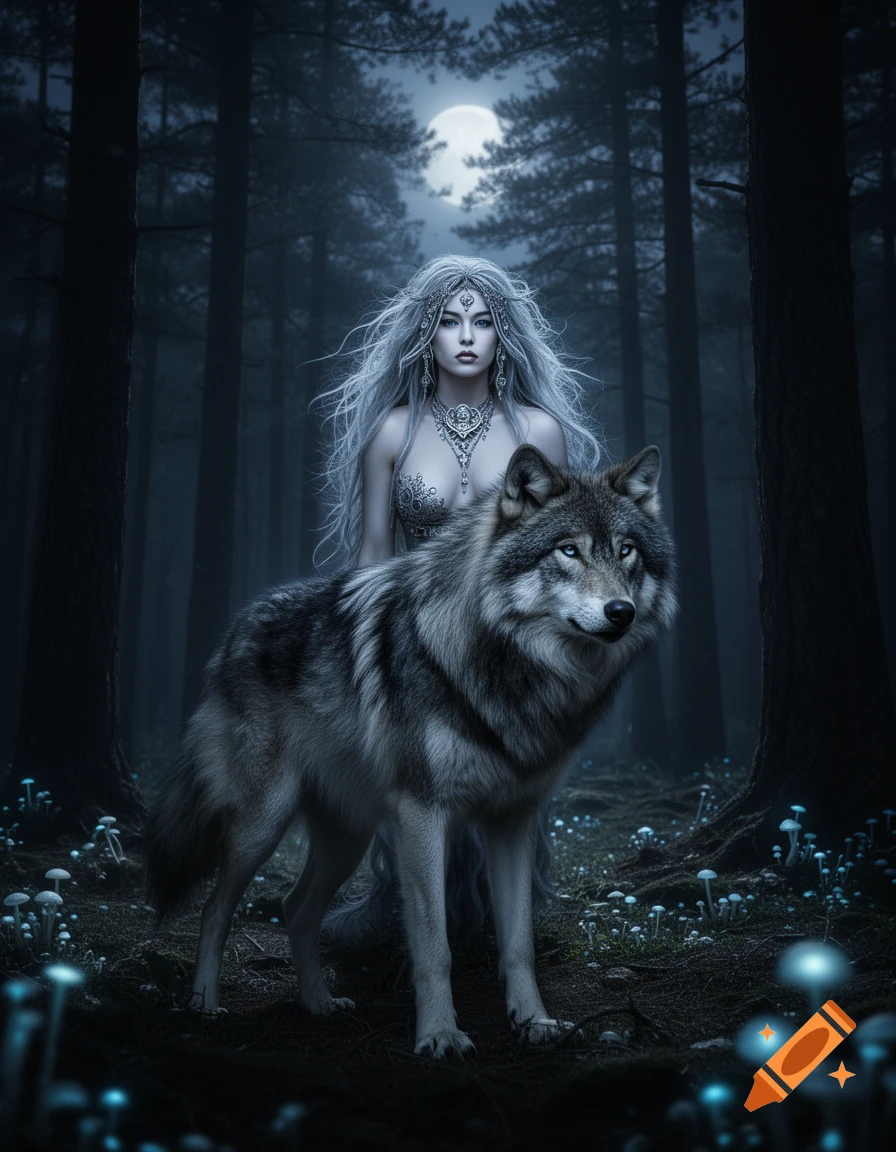 A white-haired woman with intricate jewelry stands behind a large wolf in a moonlit, misty forest with glowing mushrooms.