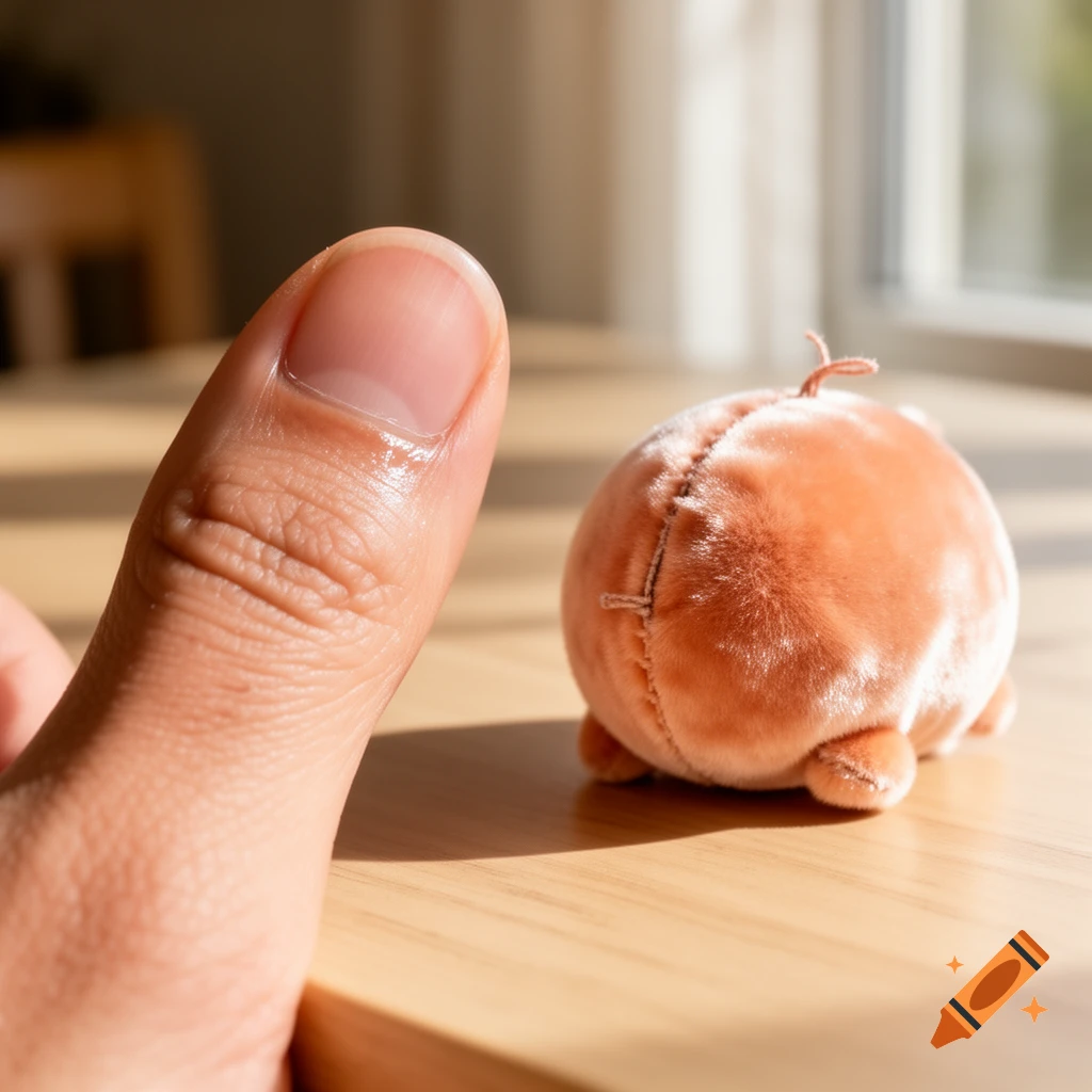 Close-up of a human thumb next to a small, round, orange plush toy with visible stitching, on a wooden table bathed in sunlight.