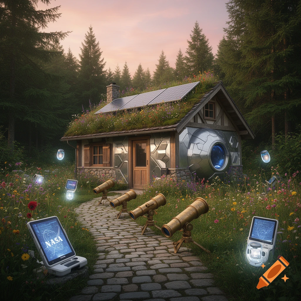 A whimsical cottage with a green roof and solar panels in a forest. A cobblestone path leads to the house, lined with antique telescopes and futuristic glowing devices showing 'NASA' and star maps.