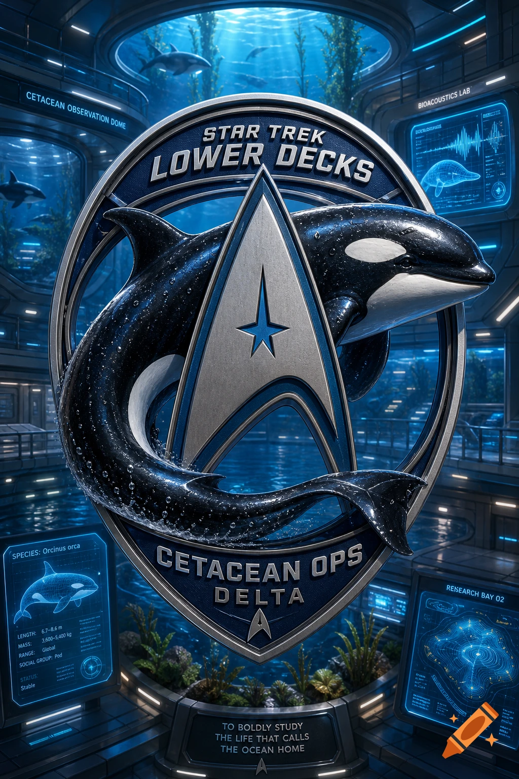 Photorealistic Star Trek Lower Decks Cetacean Ops Delta logo with an orca in an underwater research dome with other orcas.