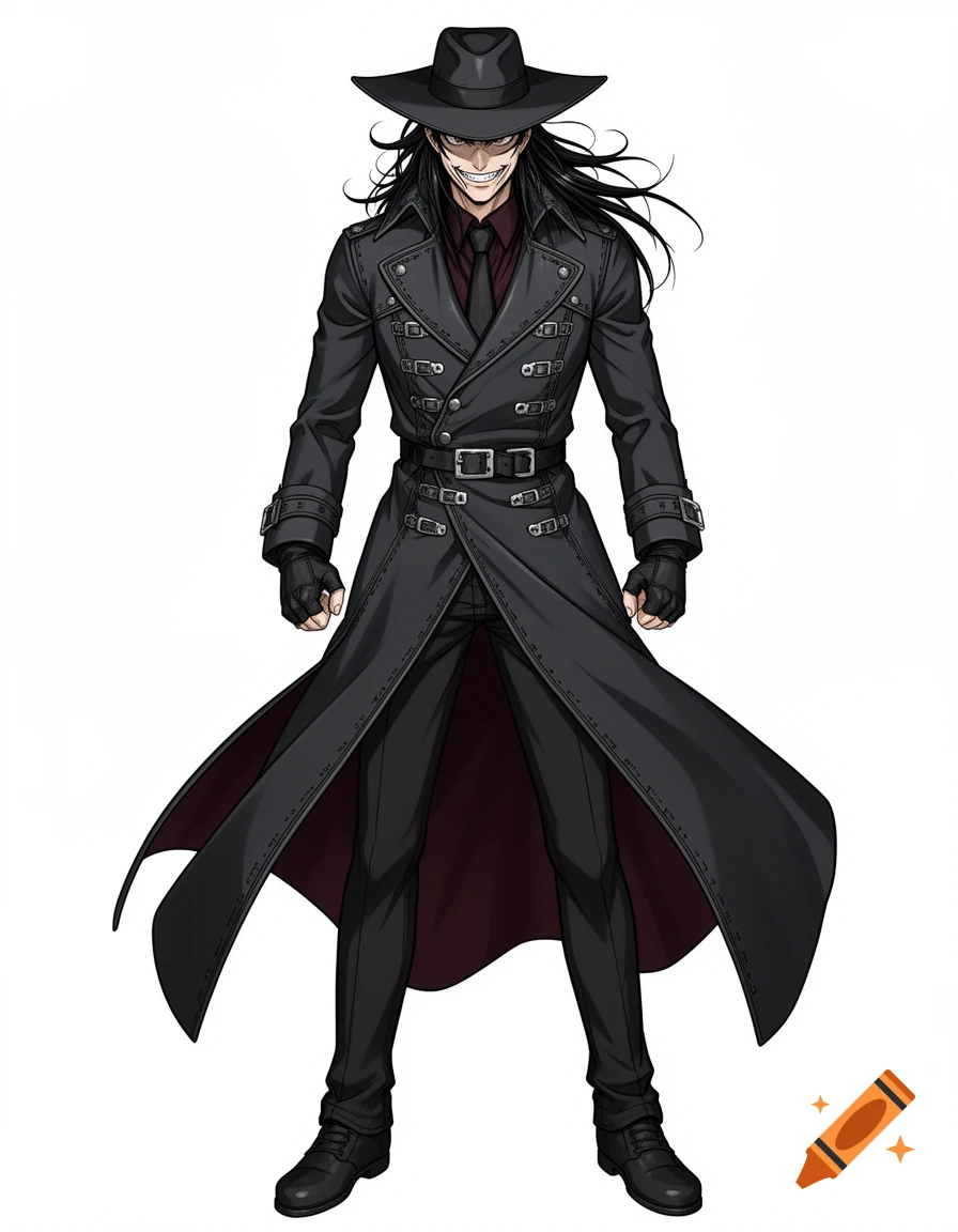 An anime vampire hunter with a wide evil grin, wearing a black trench coat and a fedora, standing on a white background.