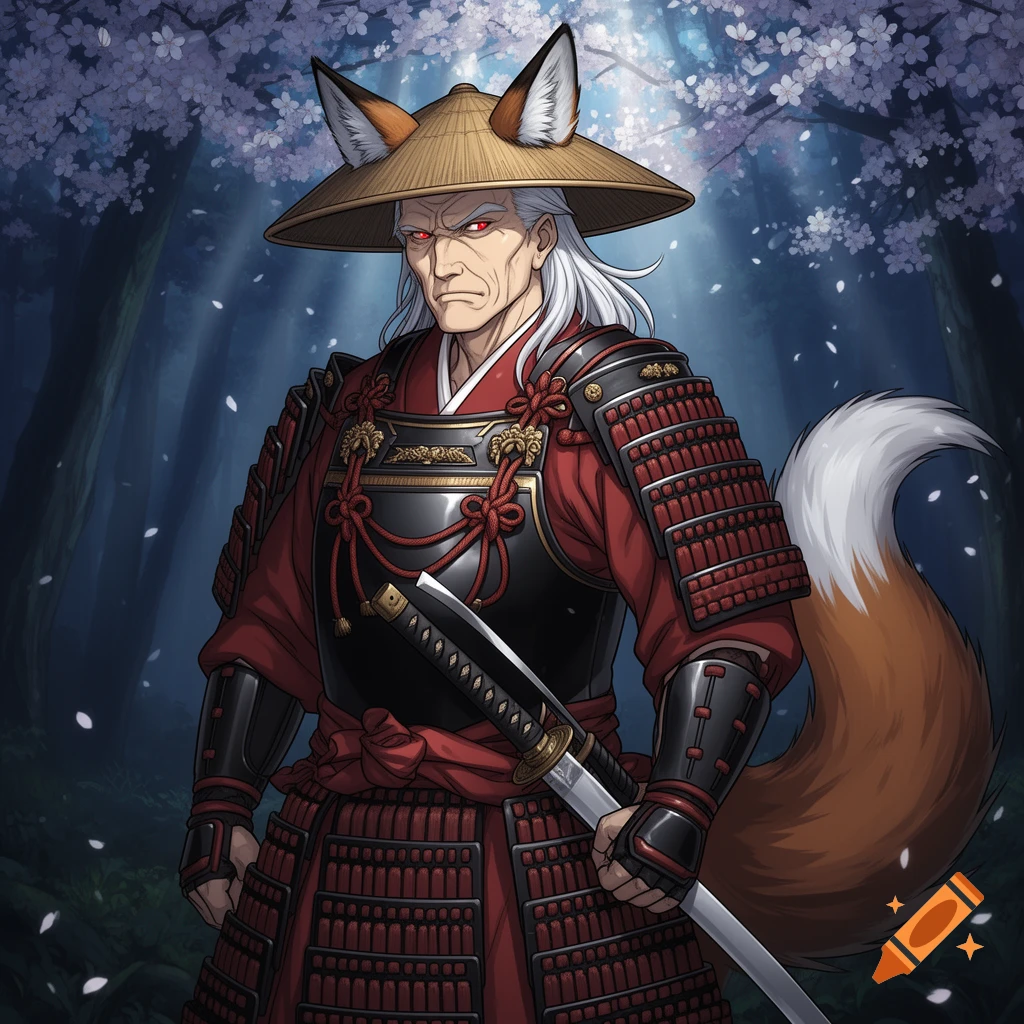 Anime-style elderly man with white hair, fox ears, red eyes, and a fox tail, dressed in red and black samurai armor, holding a katana under a cherry blossom tree.