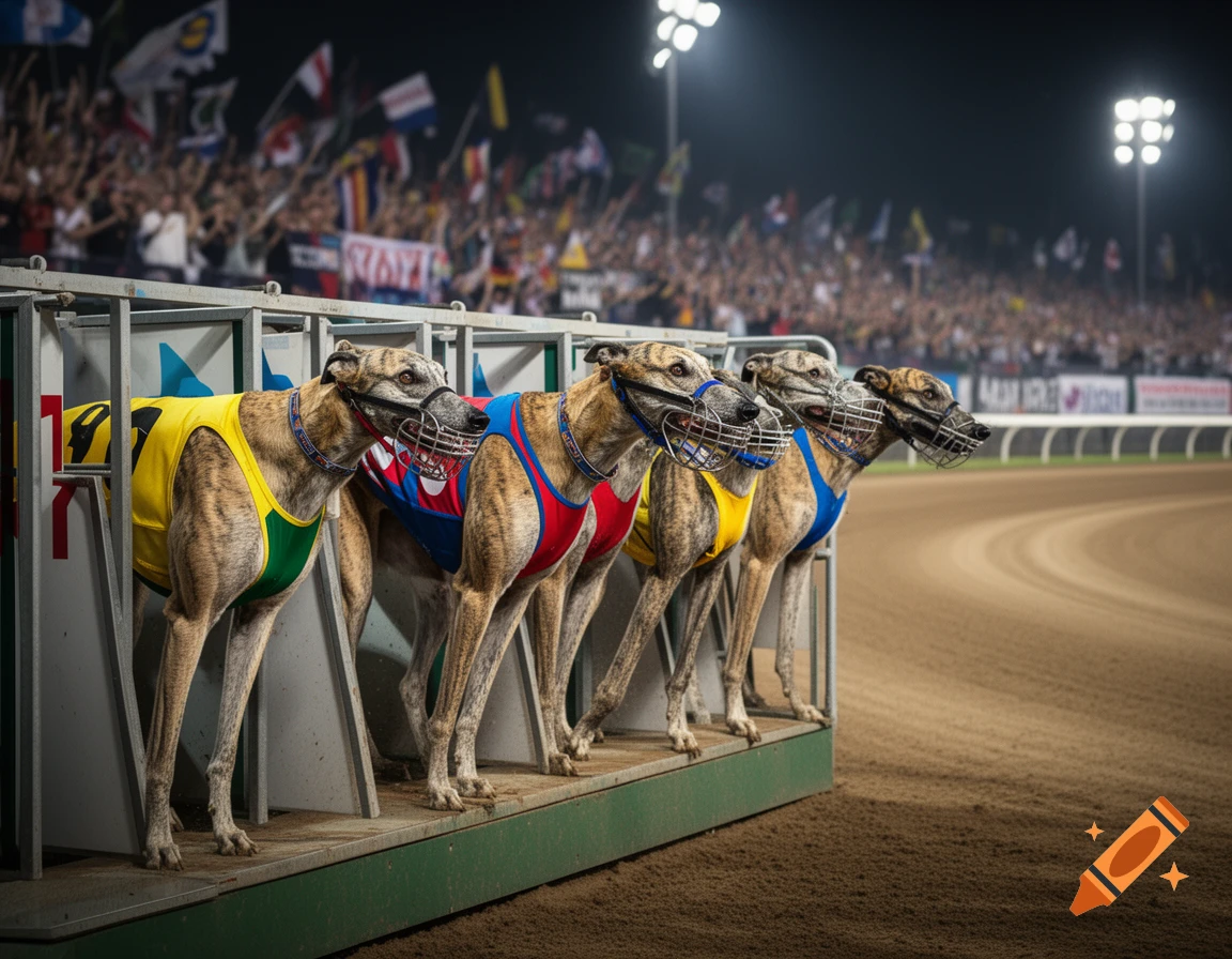 Five greyhounds in colorful racing vests and muzzles stand ready in starting gates on a dirt track at night, with a cheering crowd and stadium lights in the background.