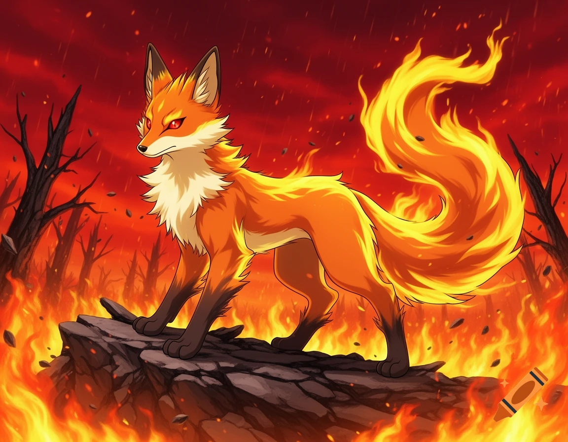 Anime-style fire fox creature with a fiery tail and red eyes, standing on rocks in a burning landscape.