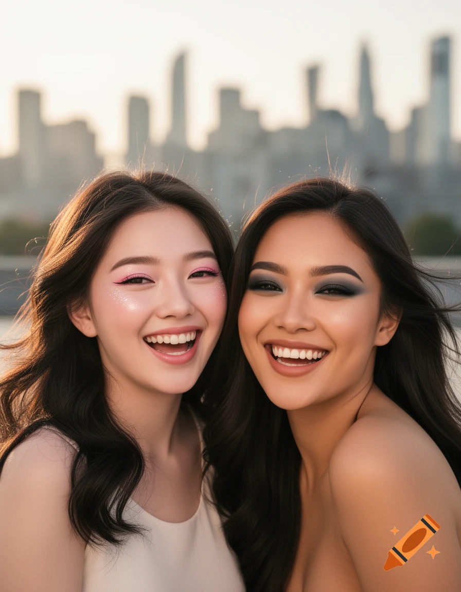 Two smiling women, one with fair skin and pink makeup, the other with tan skin and smokey eyes, against a blurred city.