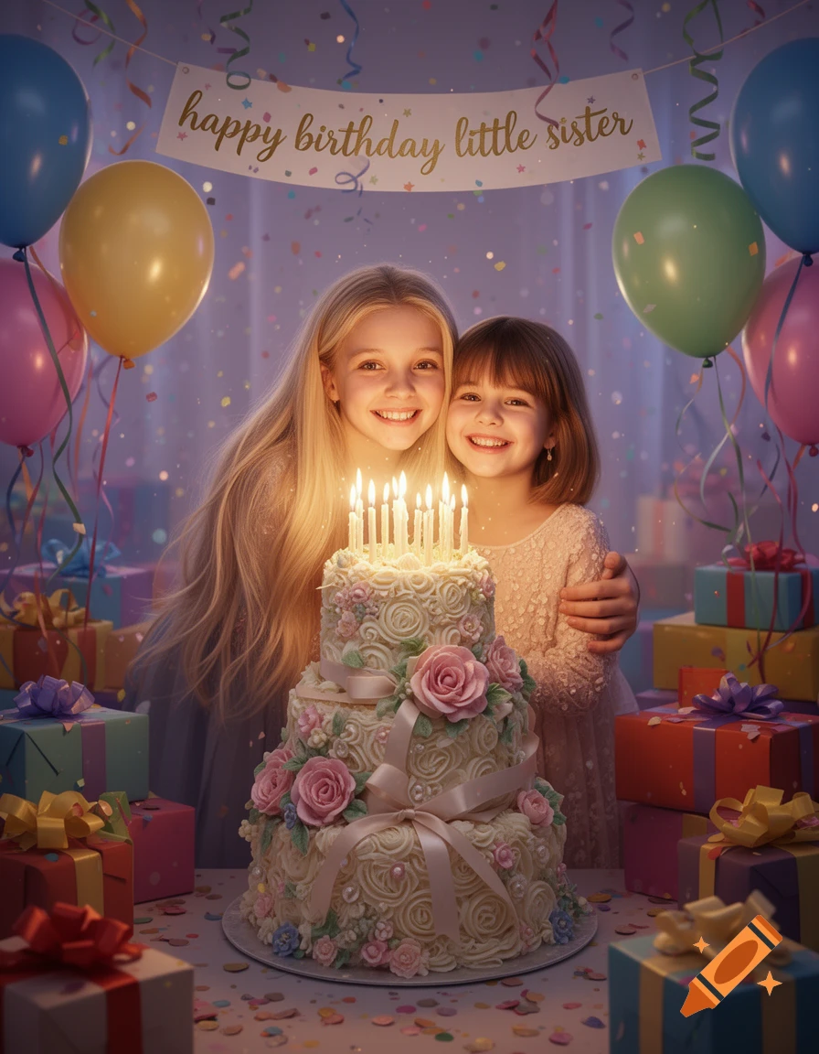 Two smiling girls celebrate a birthday with a large, elaborate cake, surrounded by balloons, presents, and confetti.