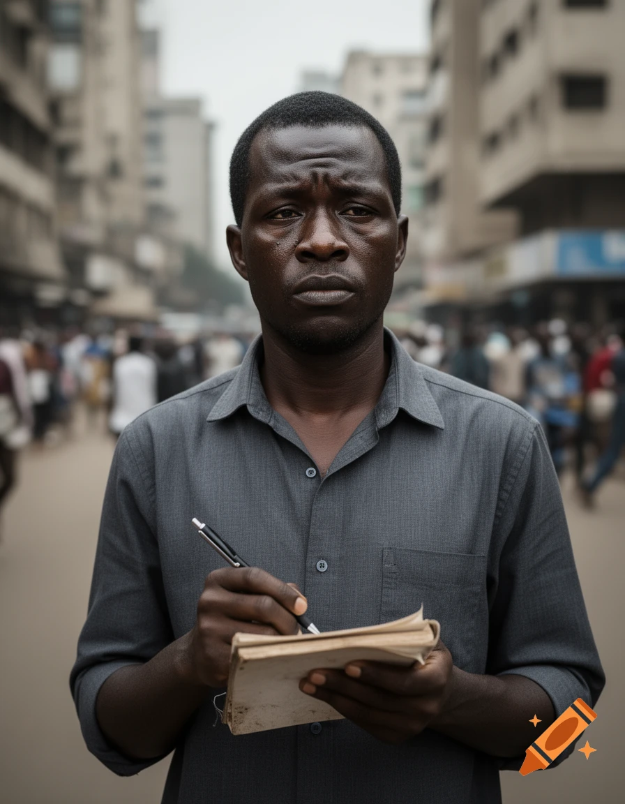 A serious-looking man with dark skin holds a pen and notebook, standing on a bustling city street.