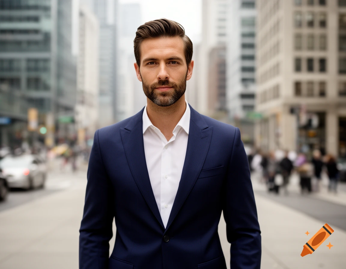 A handsome man in a dark blue suit and white shirt stands on a city street, looking at the viewer with blurred buildings behind him.