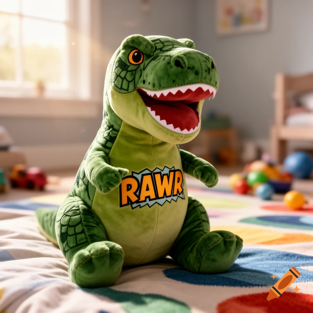 A green T-Rex plush toy with "RAWR" on its belly sits on a colorful rug in a child's room, sunlight streaming in.