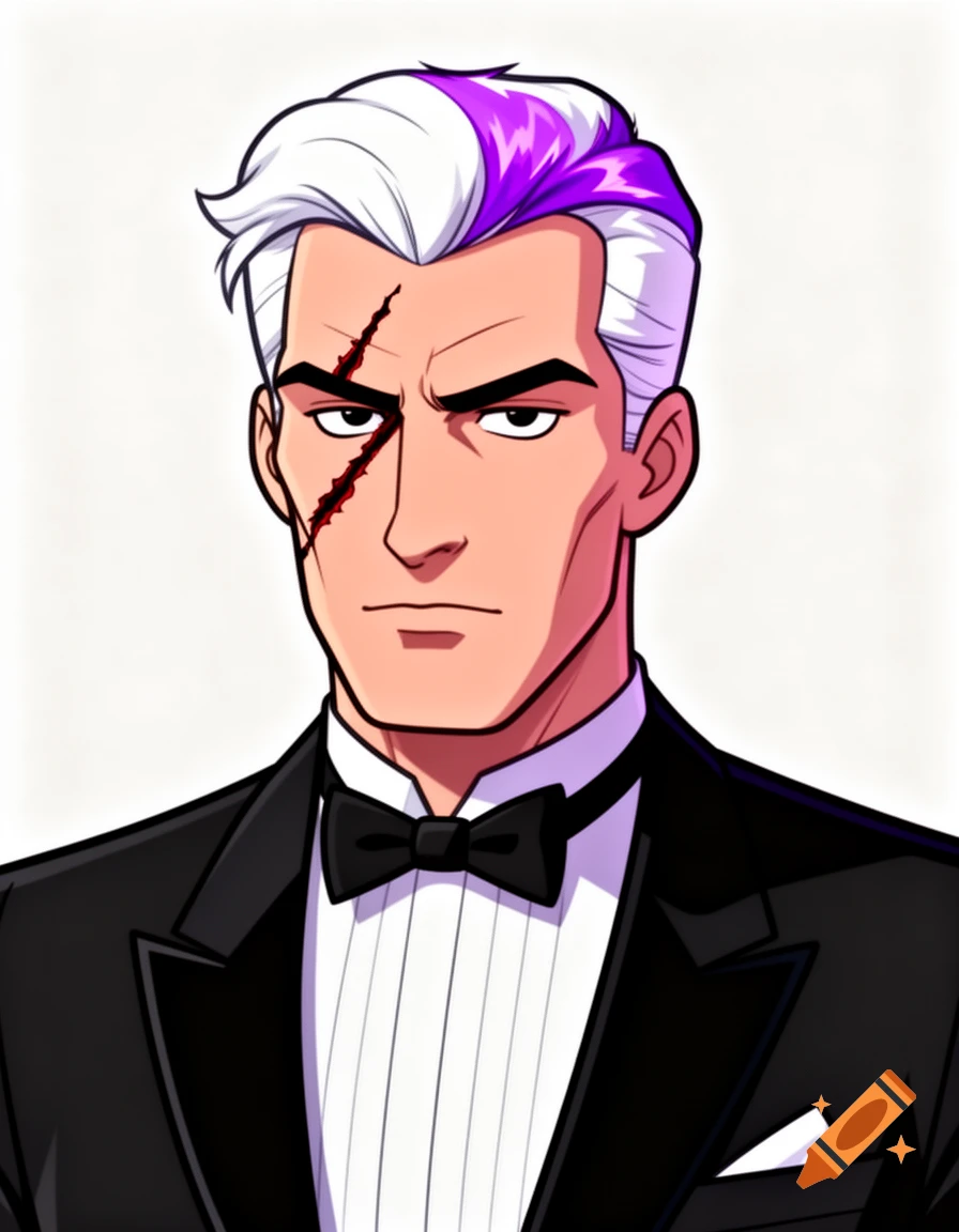Cartoon man with white hair, purple highlights, and a scar over his left eye, wearing a black tuxedo and bow tie.