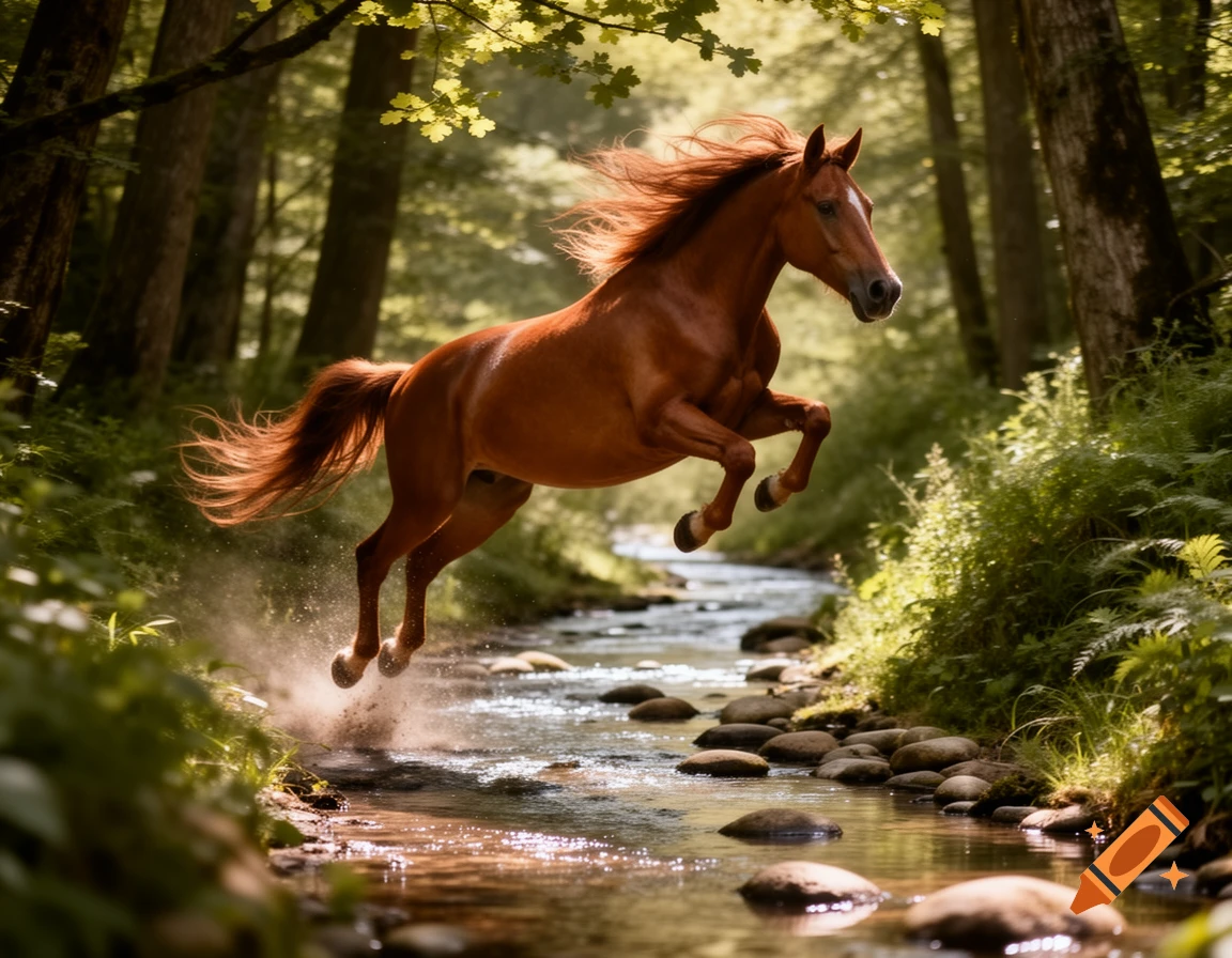 A majestic brown horse leaps over a shallow, rocky stream in a sun-dappled forest, kicking up water.