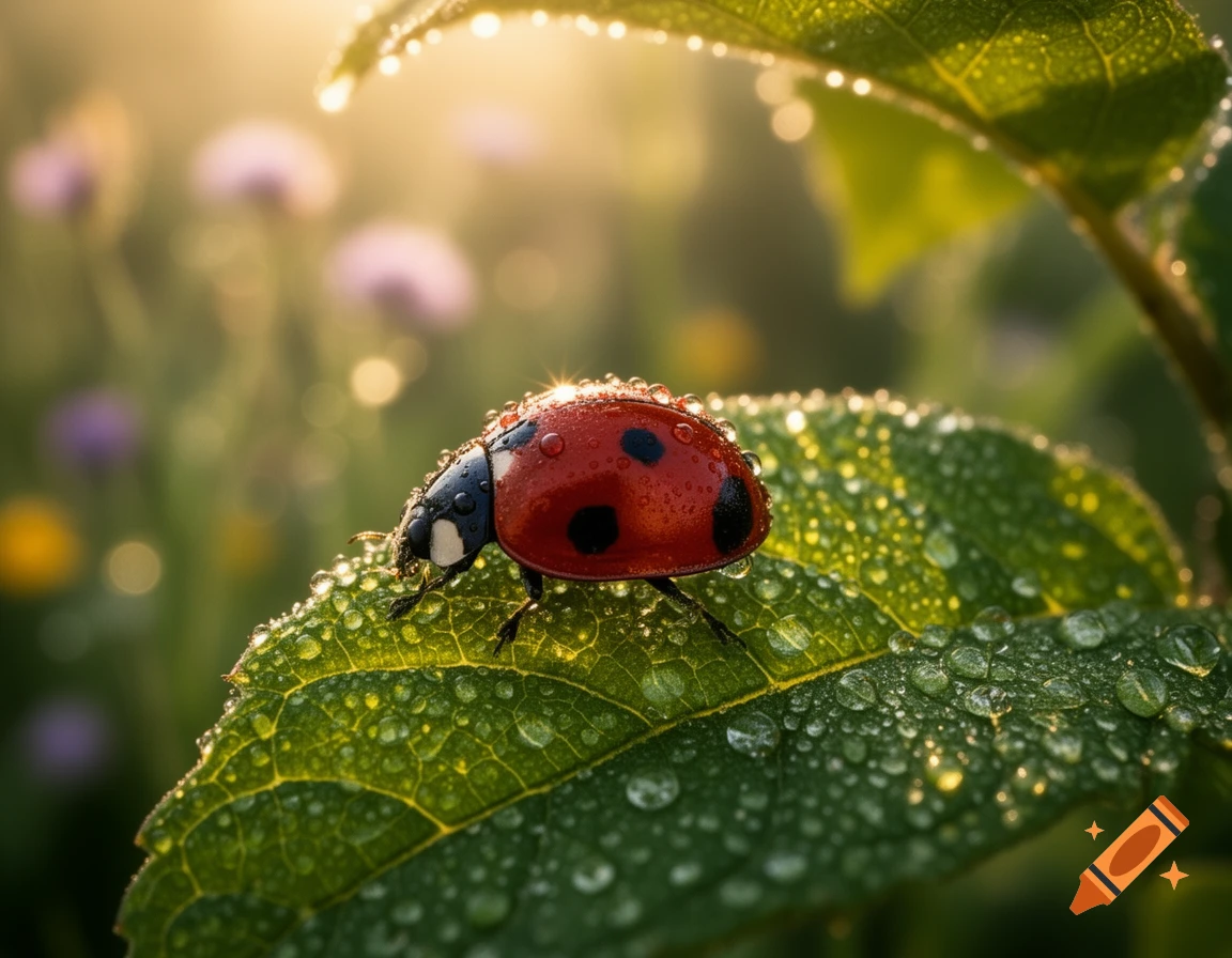 A red ladybug covered in dew drops sits on a green leaf with a warm, blurry background.