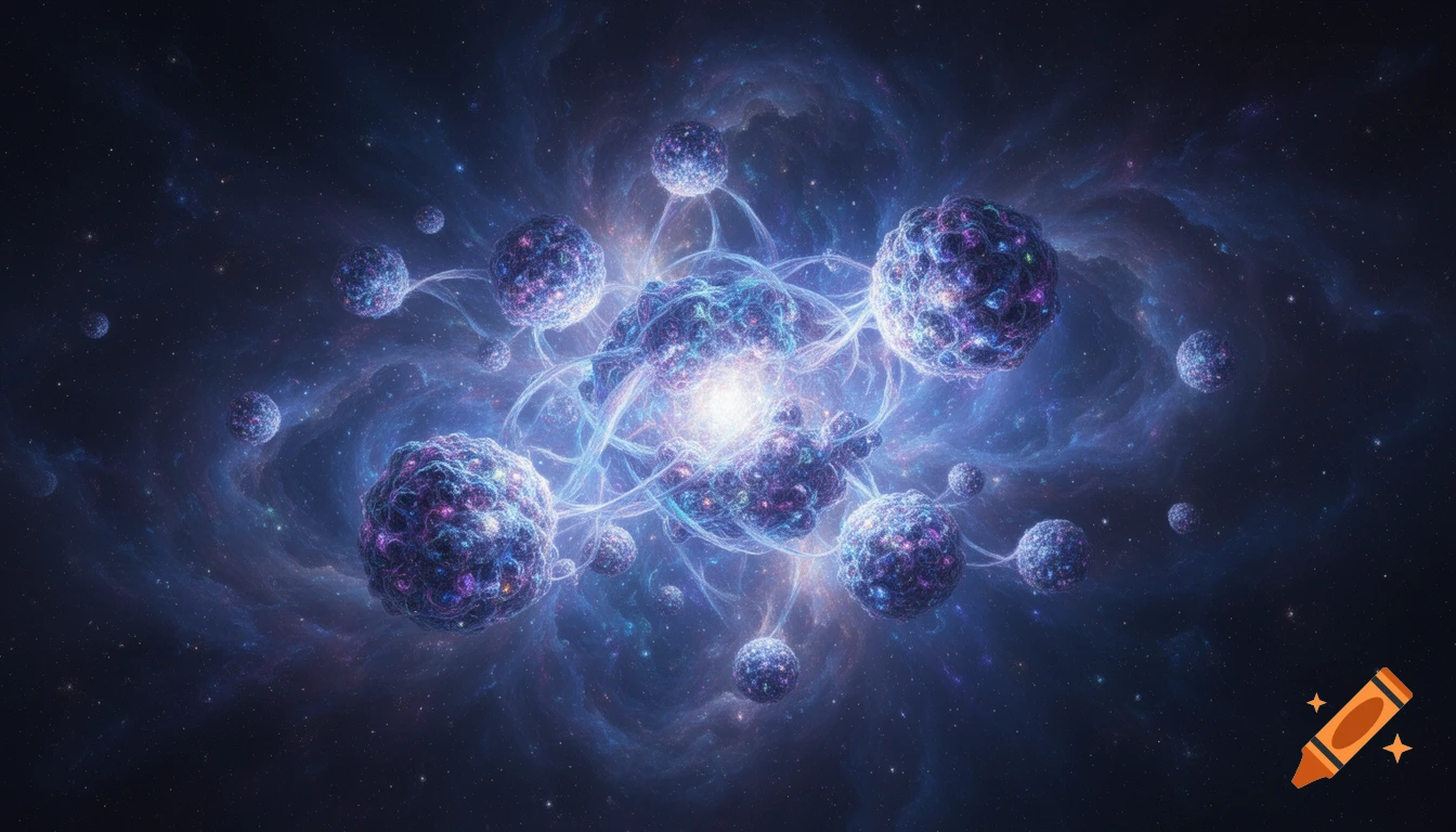A vibrant abstract cosmic scene with glowing, textured purple and blue spheres connected by bright blue energy amidst a swirling nebula.