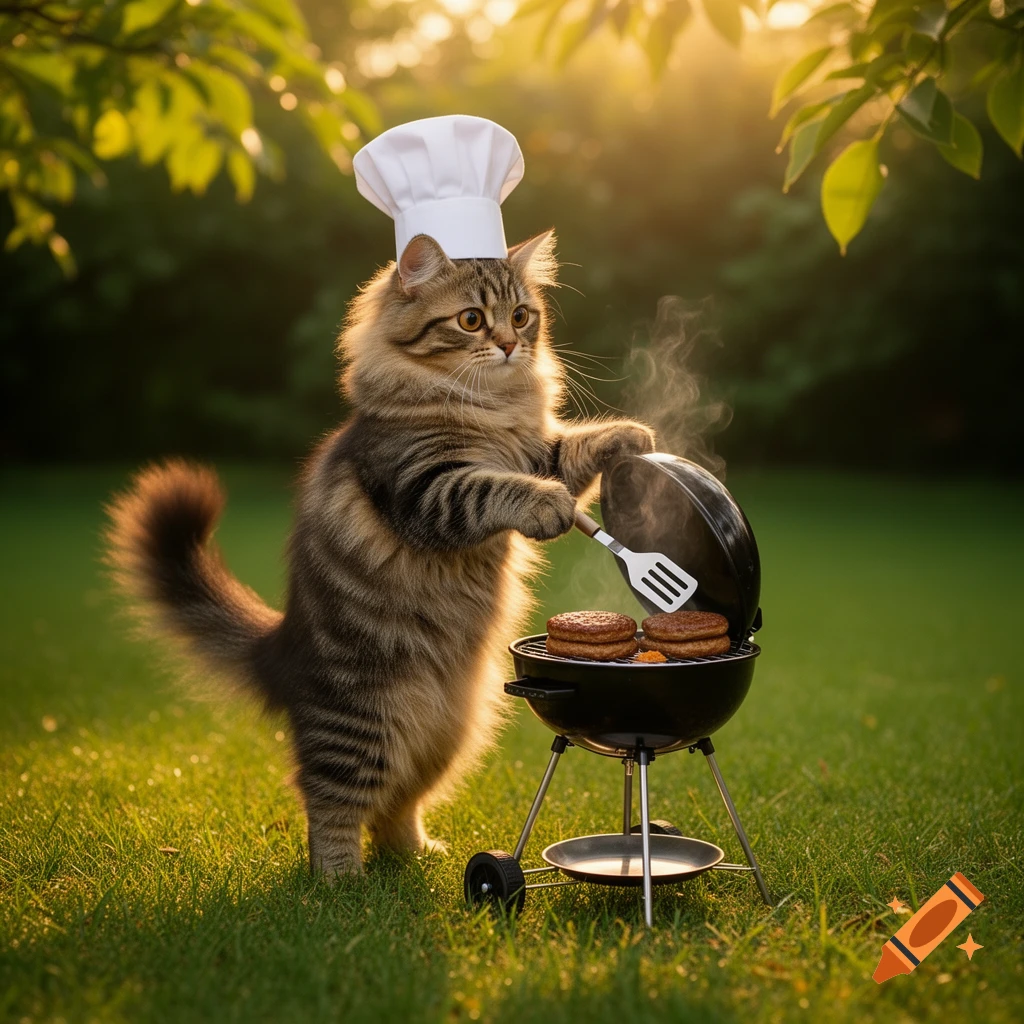 A fluffy tabby cat wearing a chef's hat, standing on its hind legs and grilling burgers on a small barbecue in a sunny grassy backyard.