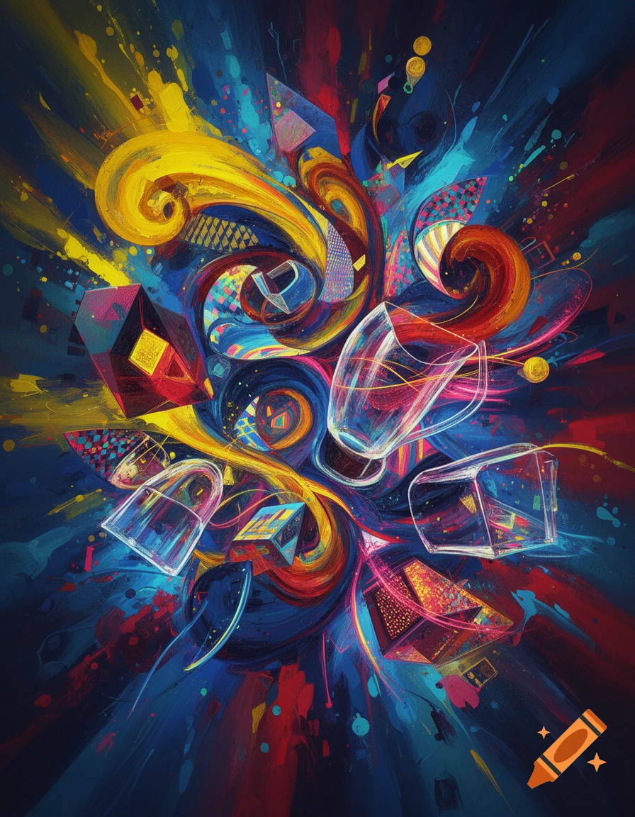 Abstract art with an explosion of yellow, red, and blue paint splashes, swirling lines, and geometric shapes.
