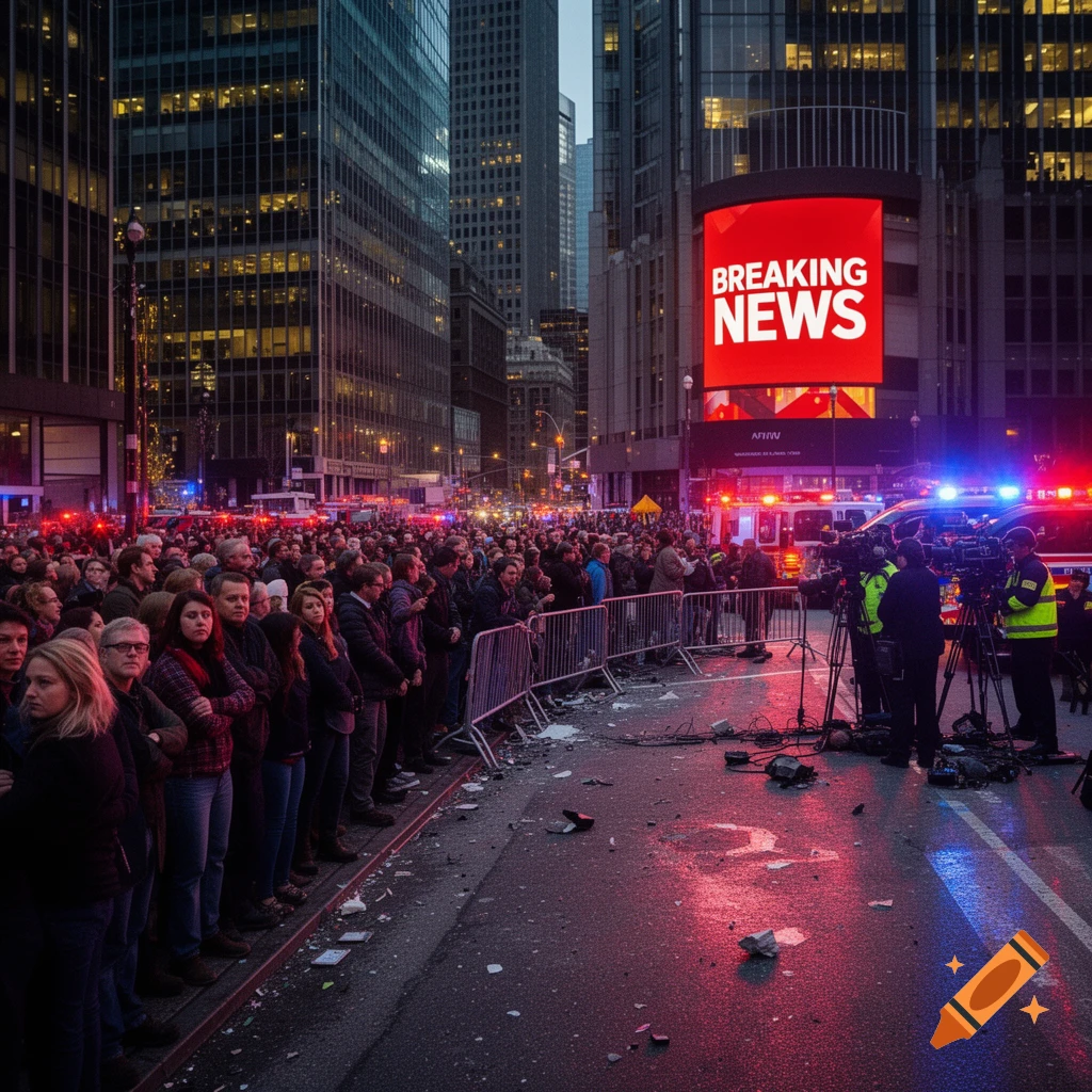 A large crowd gathers on a city street at night, looking towards a giant screen displaying 'BREAKING NEWS'. Police lights flash, and camera crews are present.