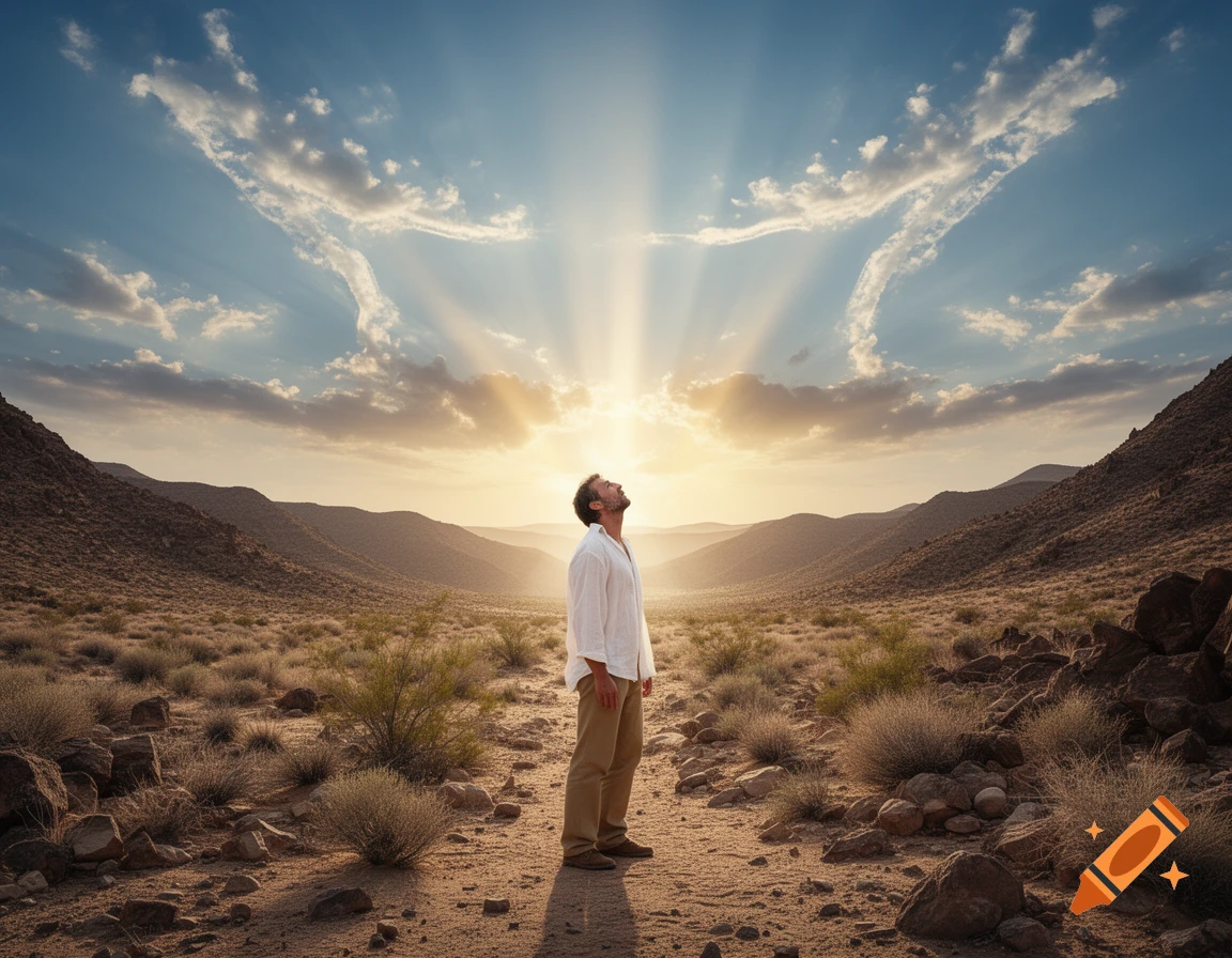 A man stands in a vast desert valley, looking up at sun rays breaking through dramatic cloud formations in the sky.